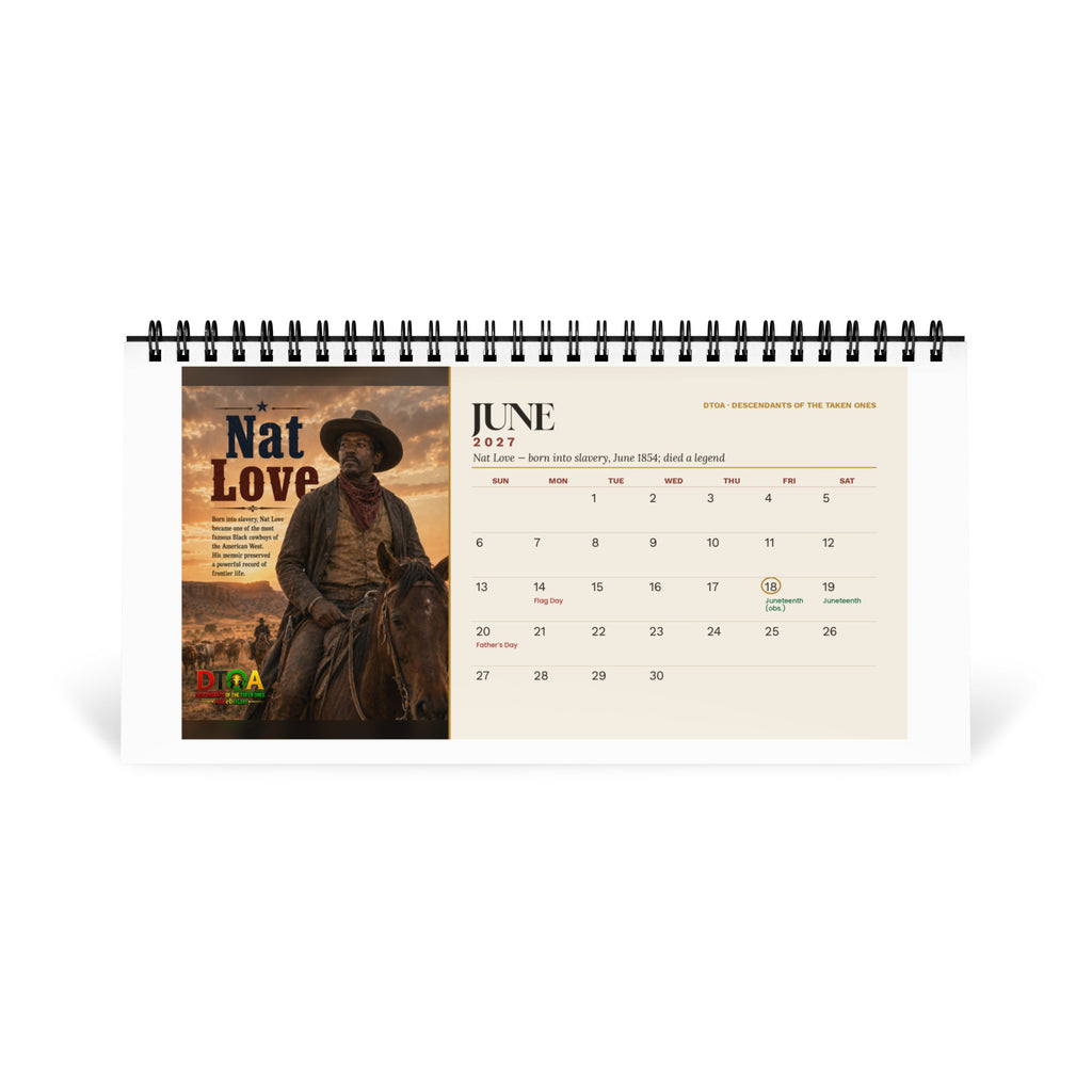 American Legends 2027 desktop calendar — June page featuring Nat Love, legendary Black cowboy of the American West