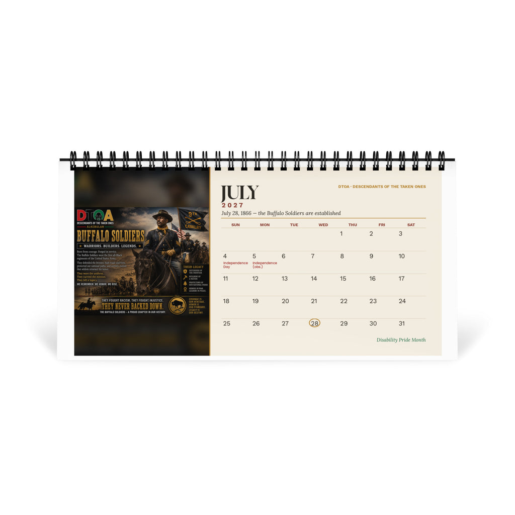 American Legends 2027 desktop calendar — July page featuring the Buffalo Soldiers