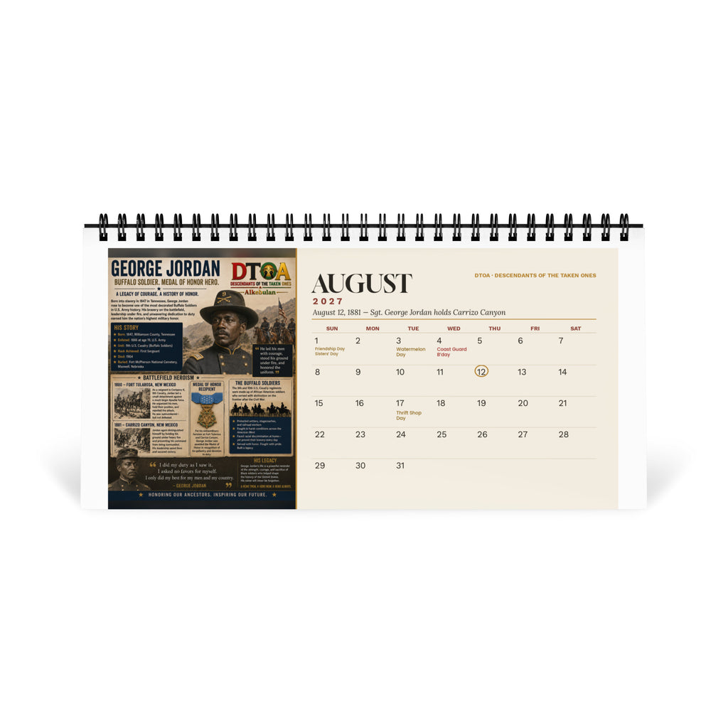 American Legends 2027 desktop calendar — August page featuring Sergeant George Jordan, Buffalo Soldier and Medal of Honor recipient