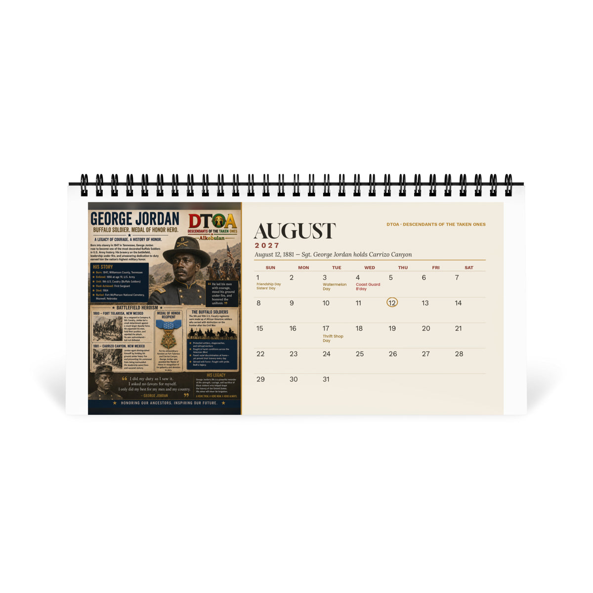American Legends 2027 desktop calendar — August page featuring Sergeant George Jordan, Buffalo Soldier and Medal of Honor recipient