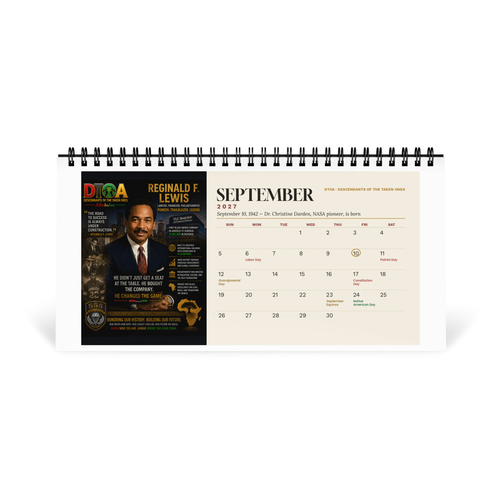 American Legends 2027 desktop calendar — September page featuring Reginald F. Lewis, pioneering Black business leader
