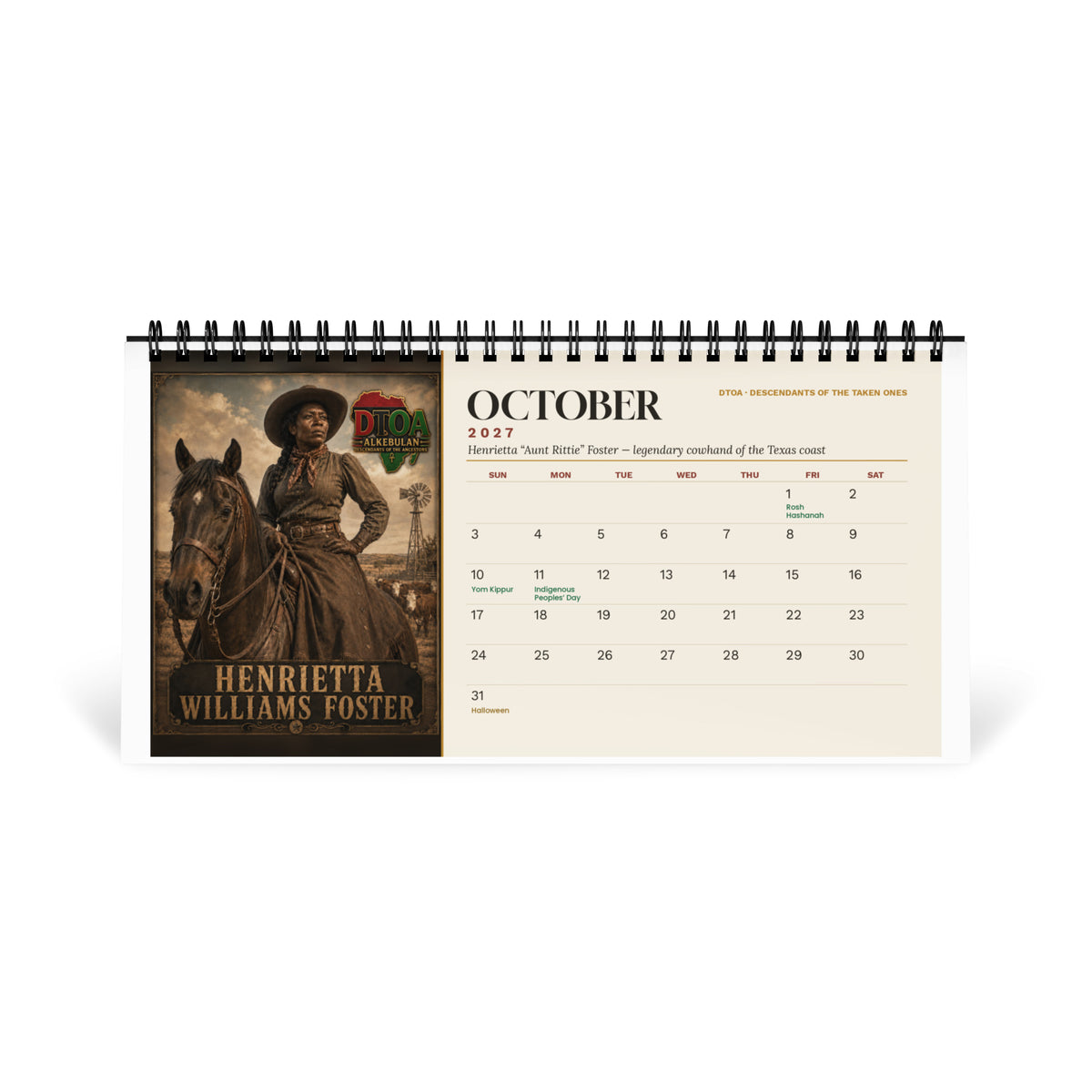 American Legends 2027 desktop calendar — October page featuring Henrietta Williams Foster, cowgirl of the Texas frontier