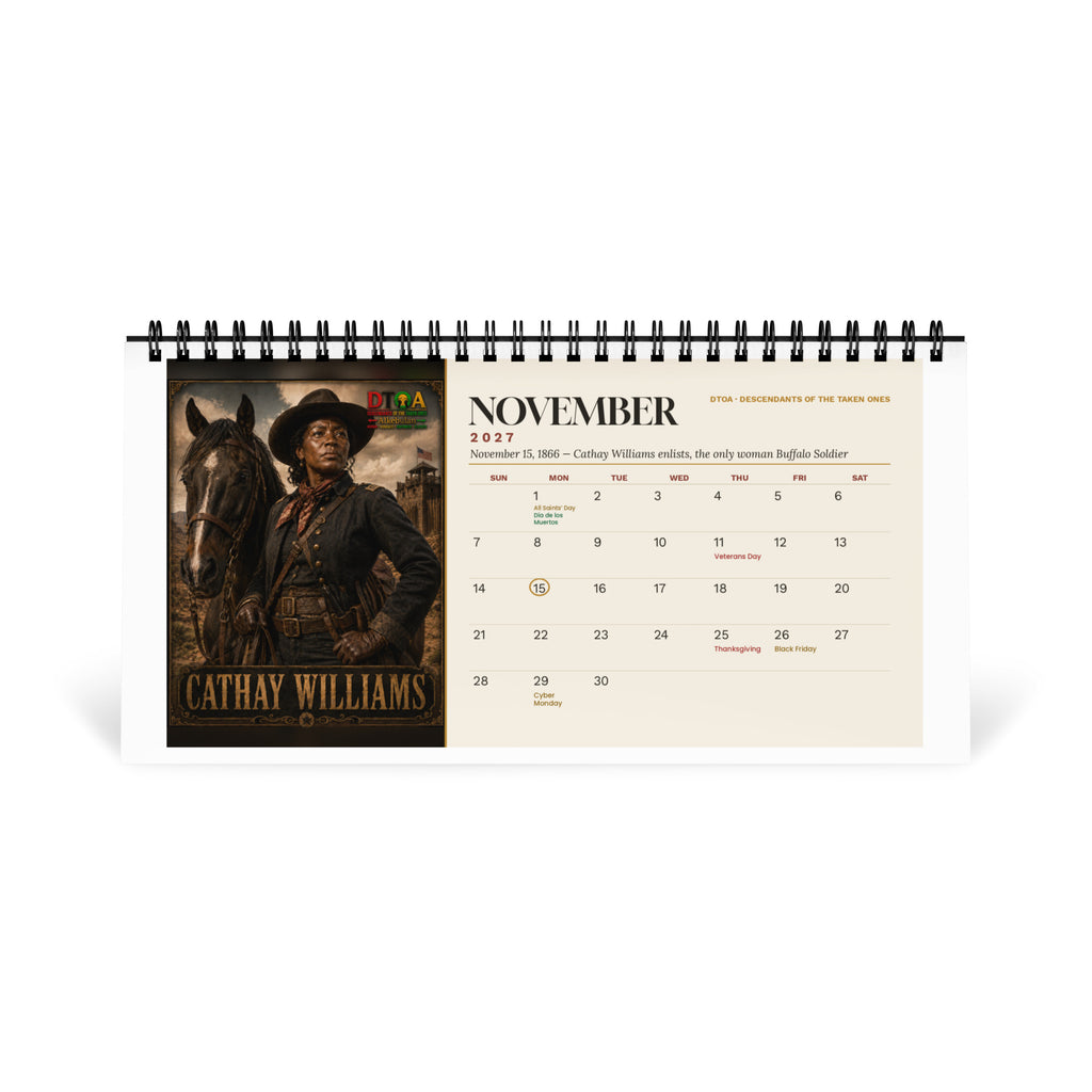 American Legends 2027 desktop calendar — November page featuring Cathay Williams, the only woman to serve as a Buffalo Soldier