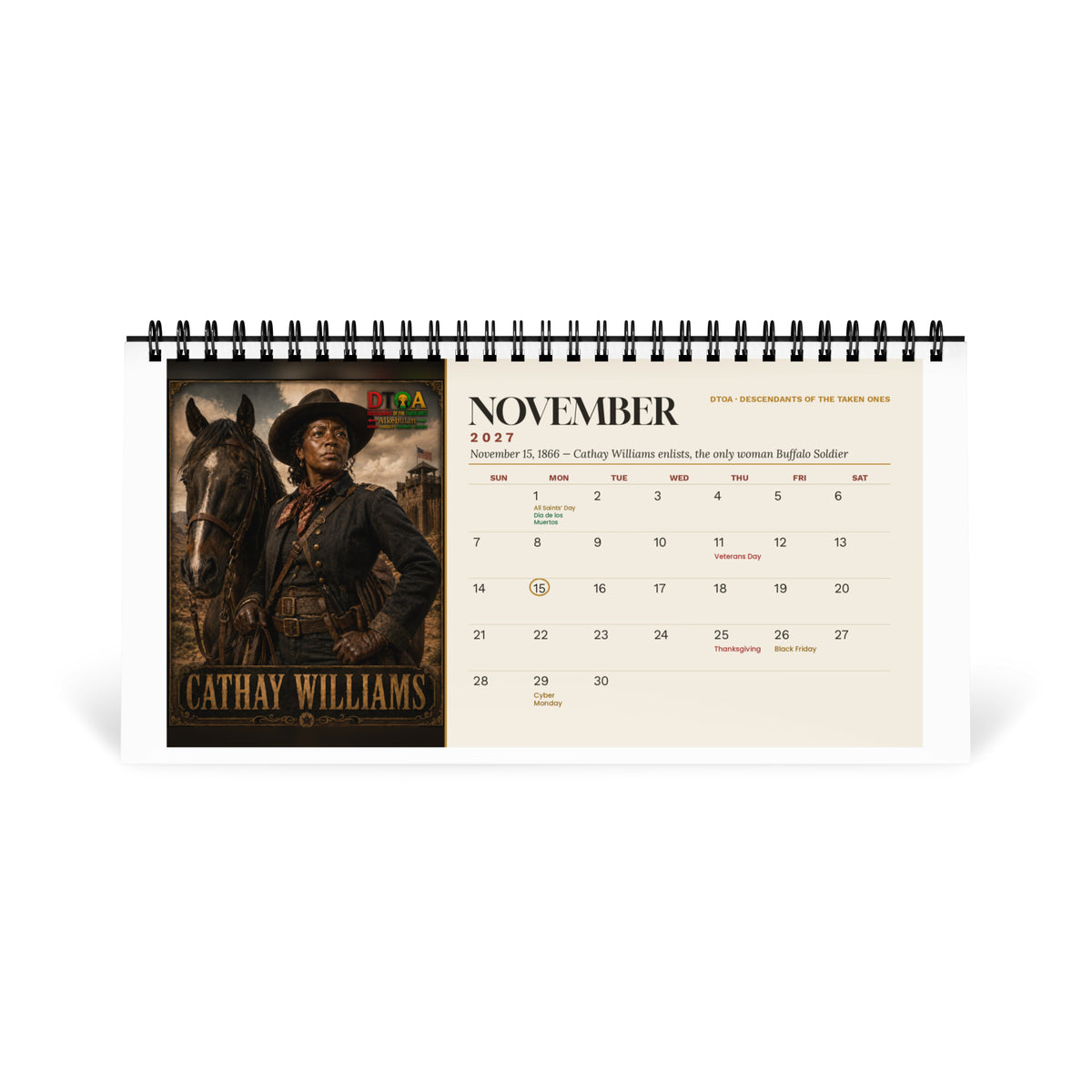 American Legends 2027 desktop calendar — November page featuring Cathay Williams, the only woman to serve as a Buffalo Soldier