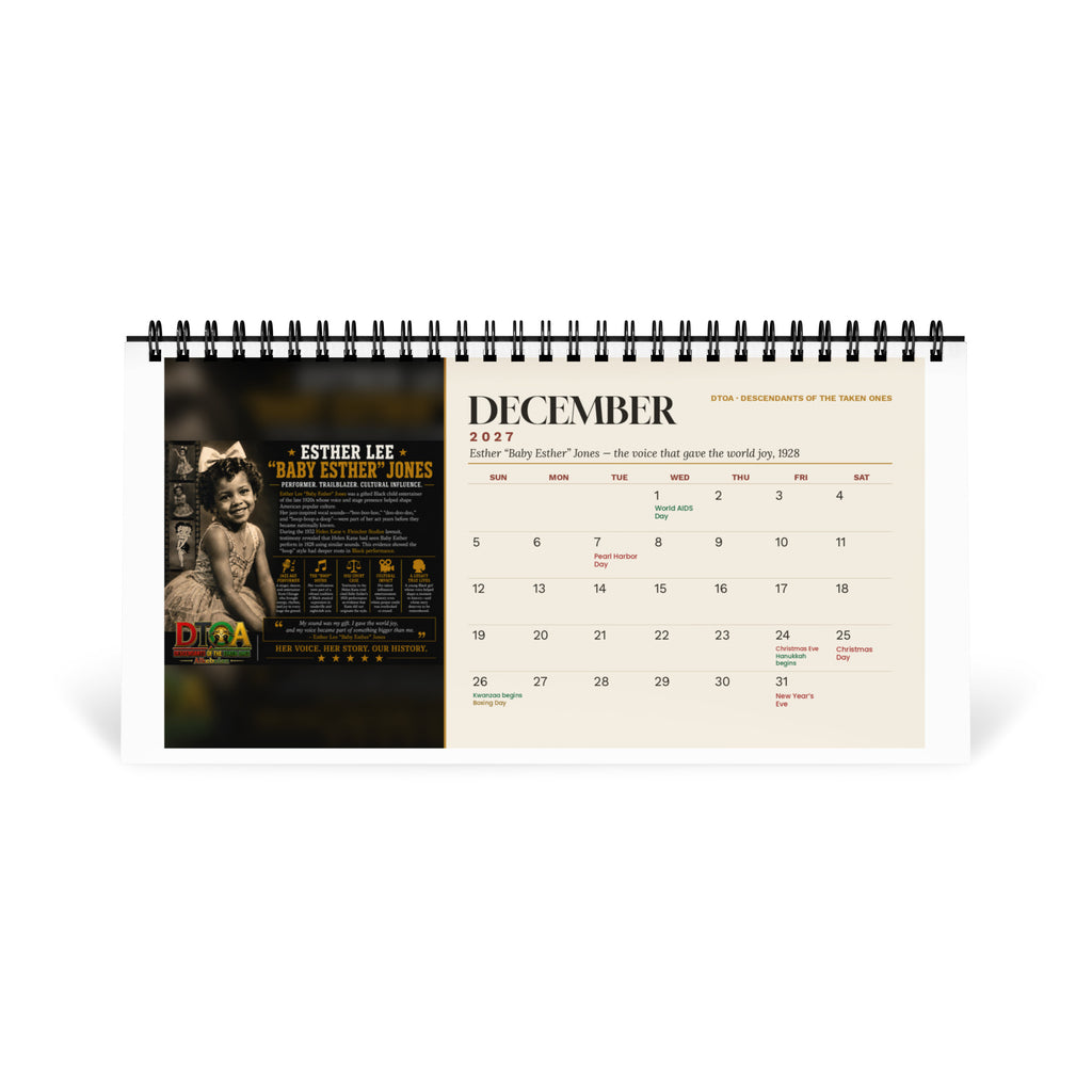 American Legends 2027 desktop calendar — December page featuring Esther Lee "Baby Esther" Jones, the voice behind a cultural icon
