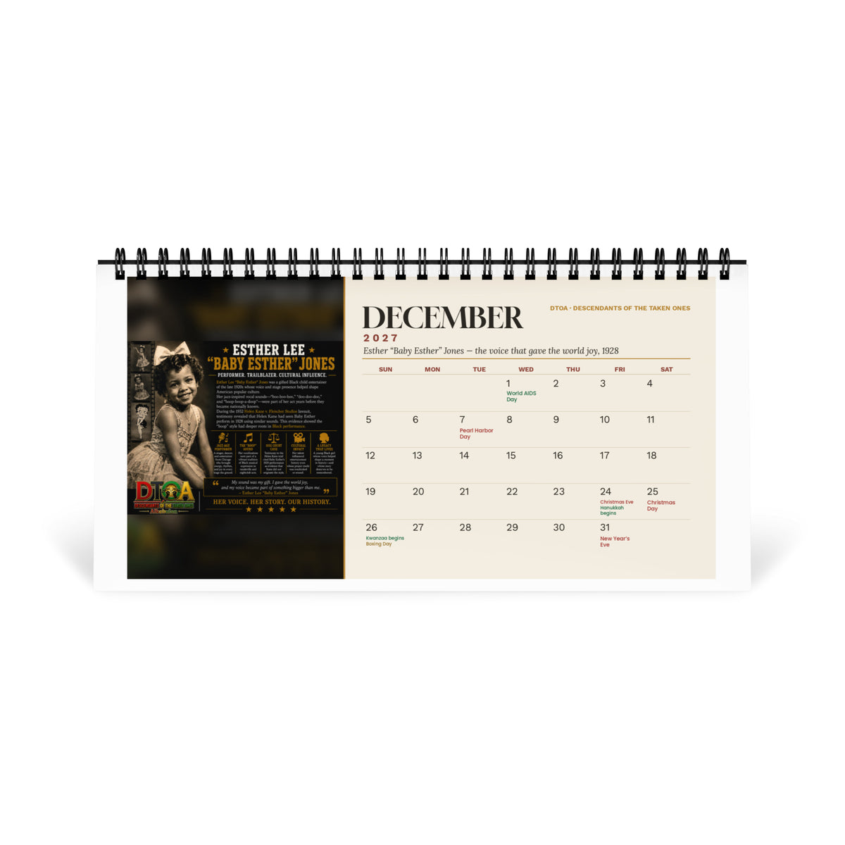 American Legends 2027 desktop calendar — December page featuring Esther Lee "Baby Esther" Jones, the voice behind a cultural icon