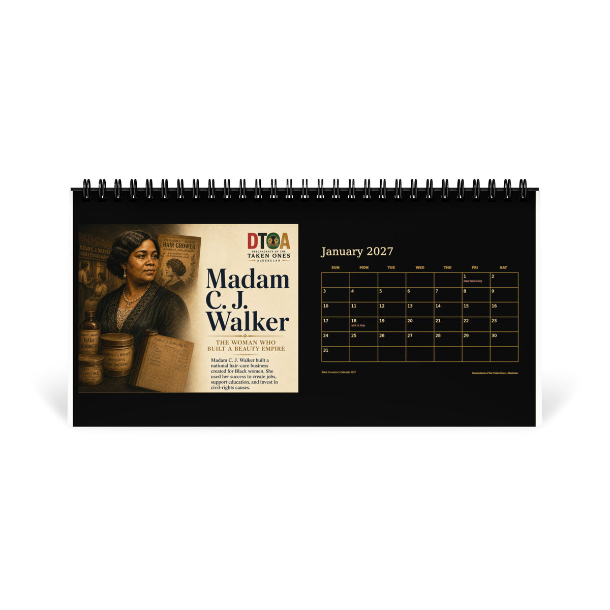 Black Innovators 2027 desktop calendar — January page featuring Madam C.J. Walker, America's first self-made woman millionaire