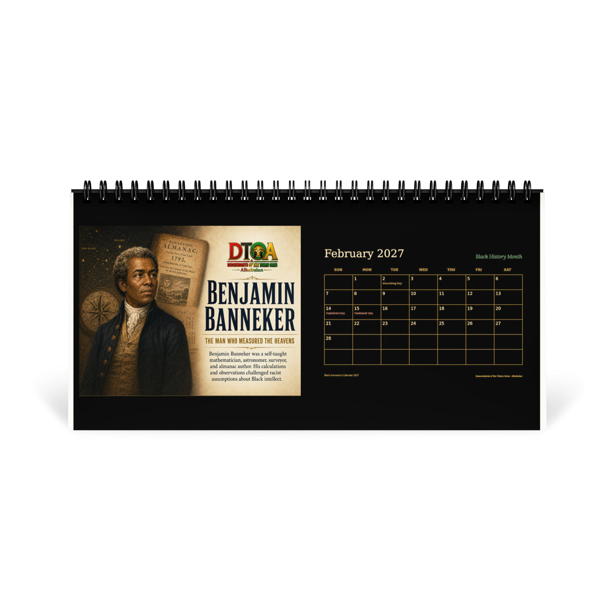 Black Innovators 2027 desktop calendar — February page featuring Benjamin Banneker, astronomer and almanac author