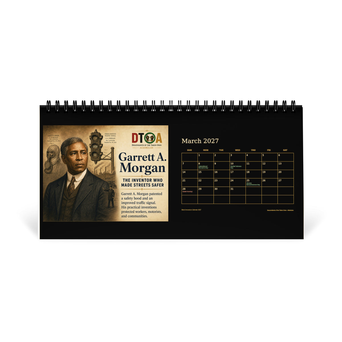 Black Innovators 2027 desktop calendar — March page featuring Garrett A. Morgan, inventor of the three-position traffic signal