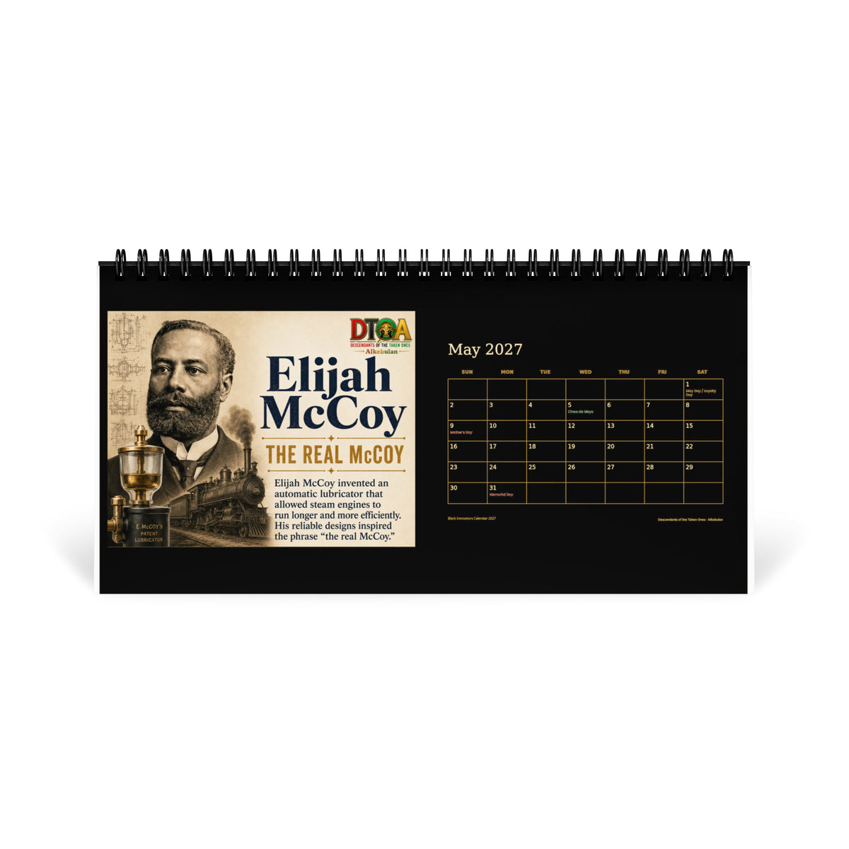 Black Innovators 2027 desktop calendar — May page featuring Elijah McCoy, the real McCoy of industrial lubrication