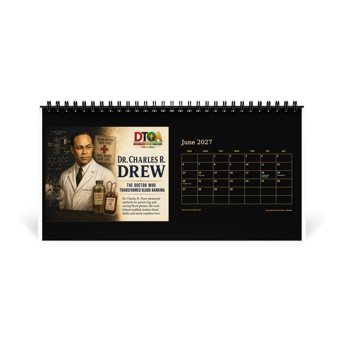 Black Innovators 2027 desktop calendar — June page featuring Dr. Charles R. Drew, pioneer of blood plasma storage