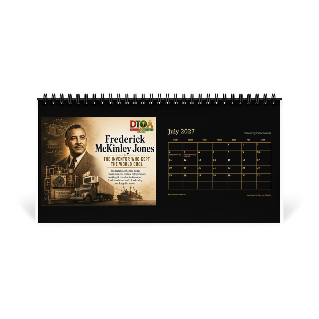 Black Innovators 2027 desktop calendar — July page featuring Frederick McKinley Jones, inventor of mobile refrigeration