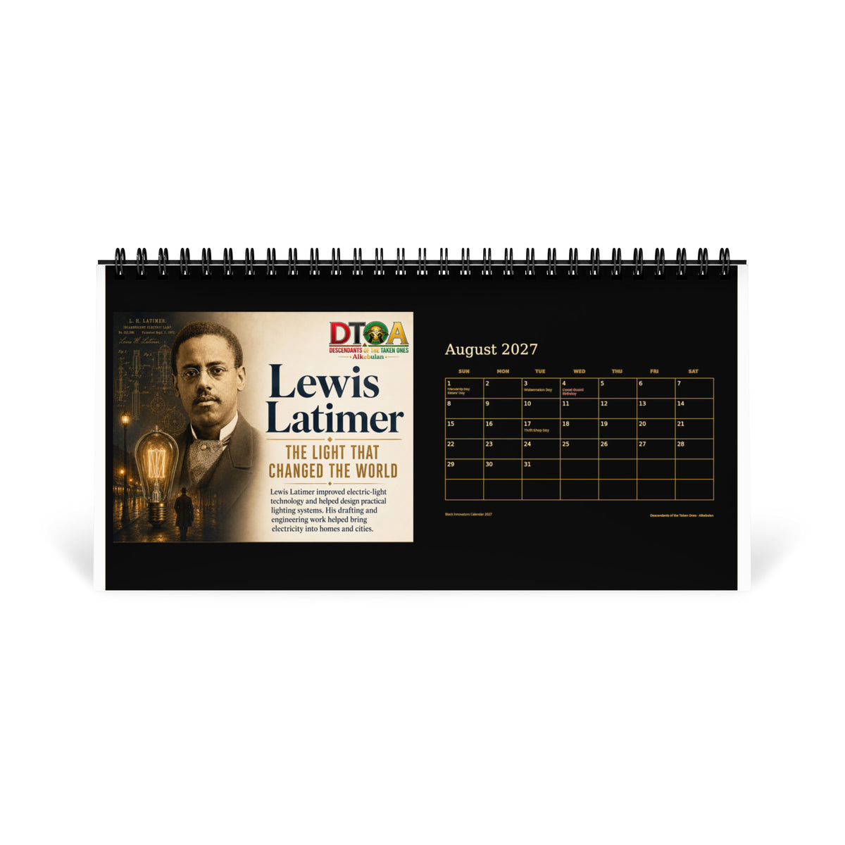 Black Innovators 2027 desktop calendar — August page featuring Lewis Latimer, whose carbon filament changed the light bulb