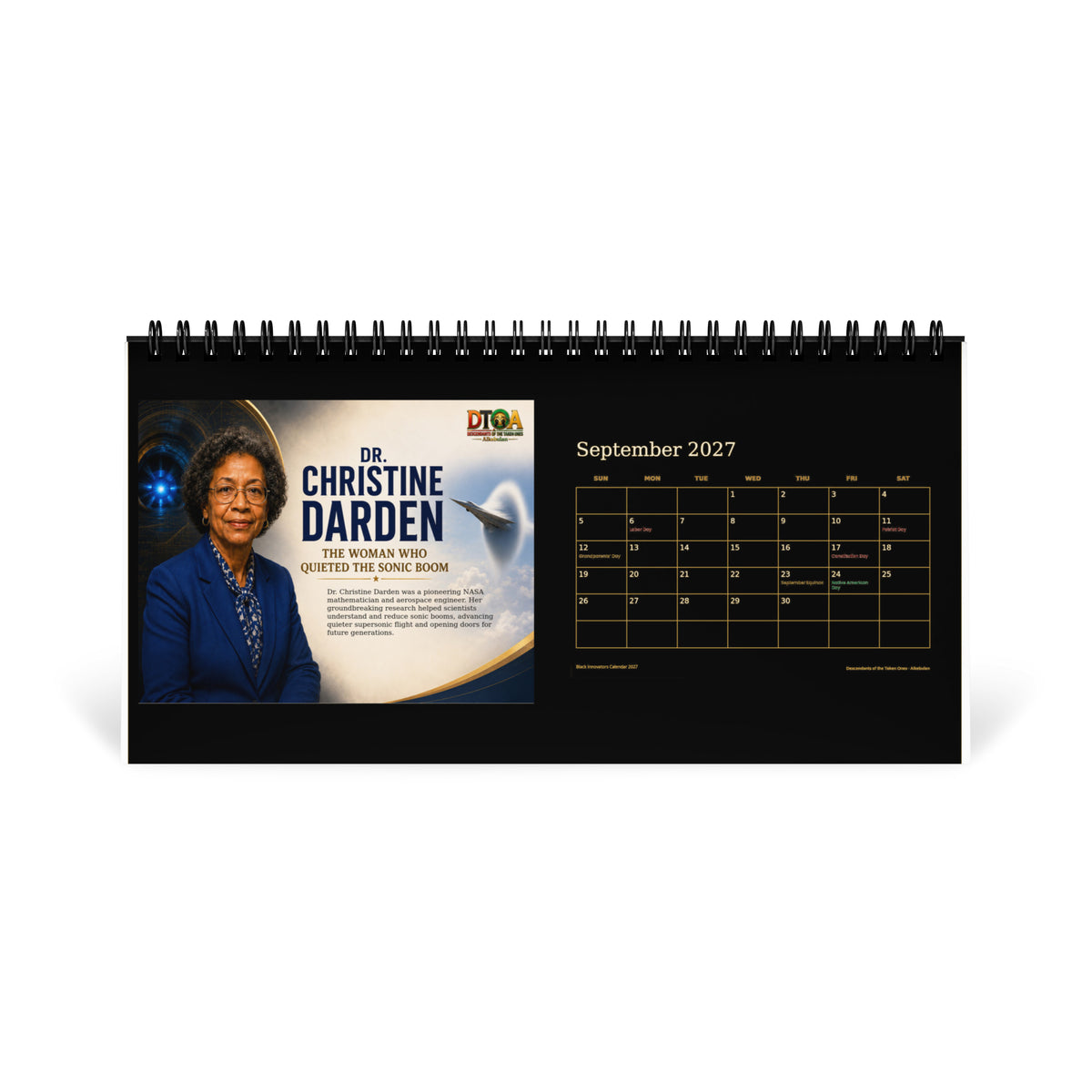 Black Innovators 2027 desktop calendar — September page featuring Christine Darden, NASA aeronautical engineer