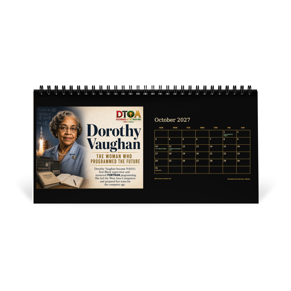 Black Innovators 2027 desktop calendar — October page featuring Dorothy Vaughan, NASA mathematician and computing pioneer