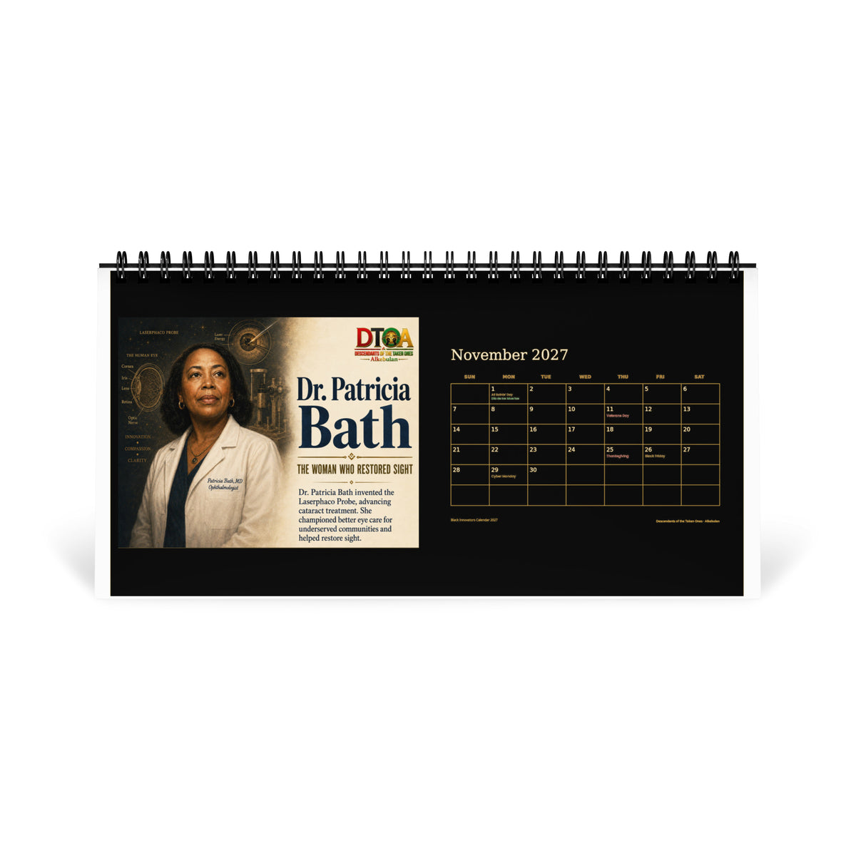 Black Innovators 2027 desktop calendar — November page featuring Dr. Patricia Bath, inventor of laser cataract surgery