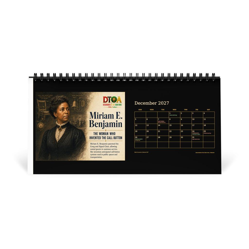 Black Innovators 2027 desktop calendar — December page featuring Miriam E. Benjamin, the woman who invented the call button
