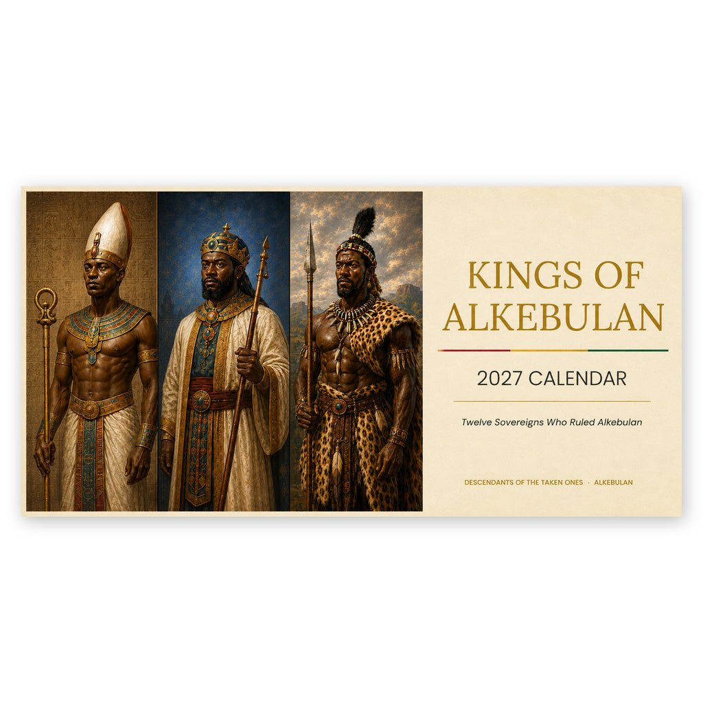 Kings of Alkebulan 2027 desktop calendar — front cover with three African king portraits beside a cream title panel