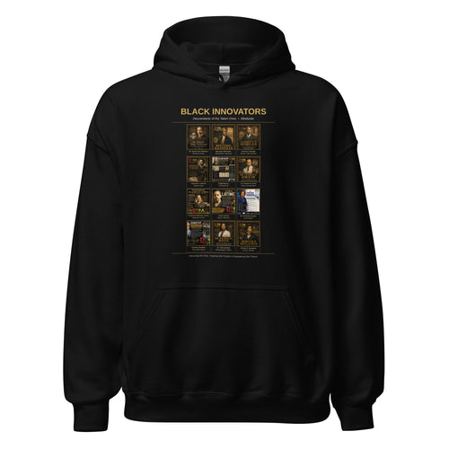 Black Innovators hoodie in Black & Gold — front view with Black inventor portrait artwork