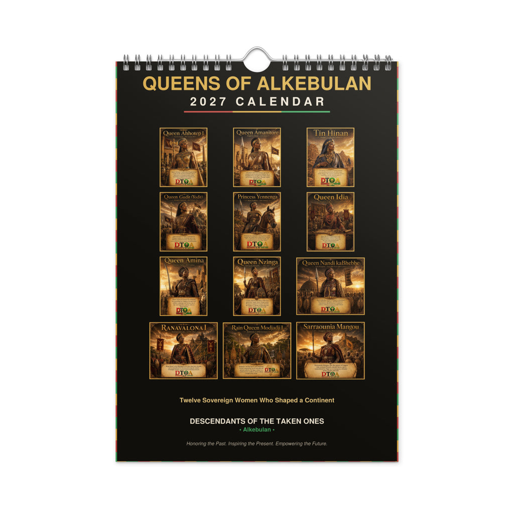 Queens of Alkebulan 2027 wall calendar Black & Gold Edition — month page 3 with African queen artwork in gold