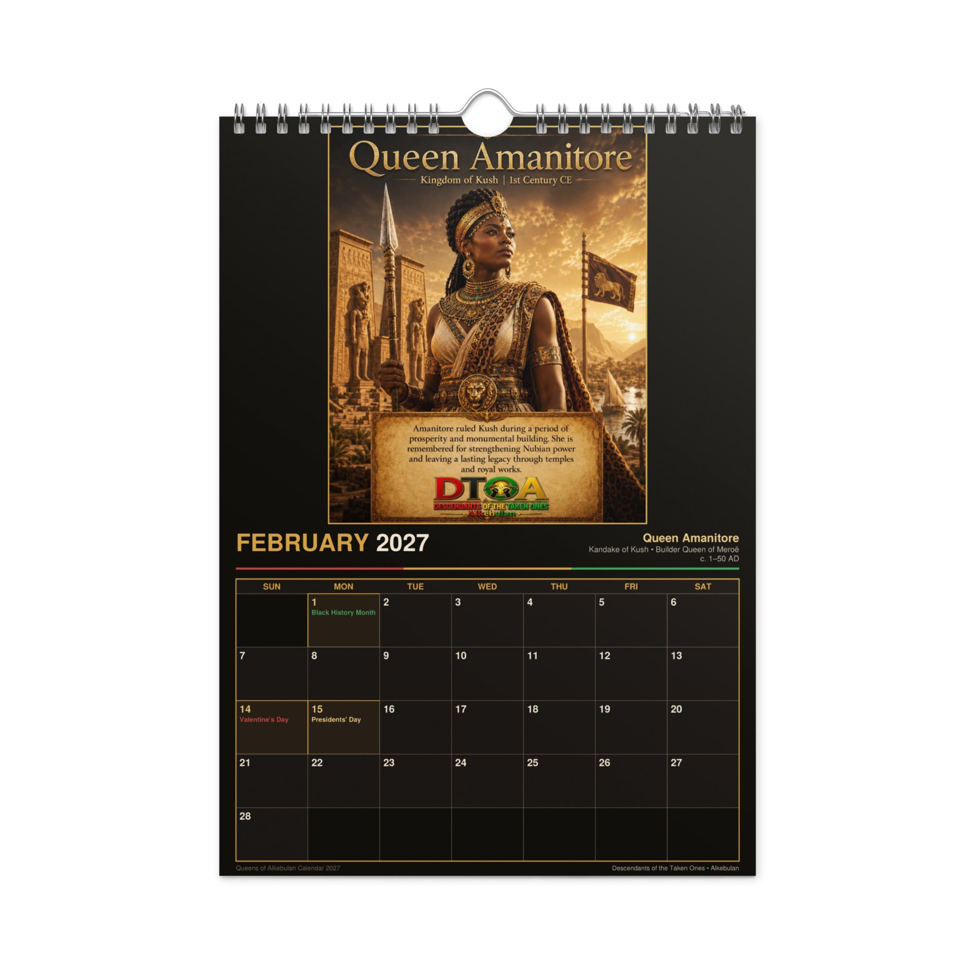 Queens of Alkebulan 2027 wall calendar Black & Gold Edition — month page 5 with African queen artwork in gold