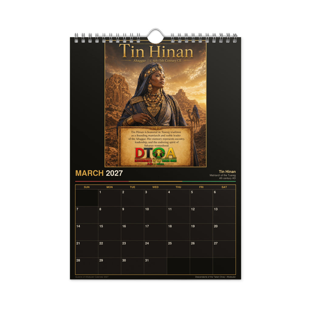 Queens of Alkebulan 2027 wall calendar Black & Gold Edition — month page 8 with African queen artwork in gold