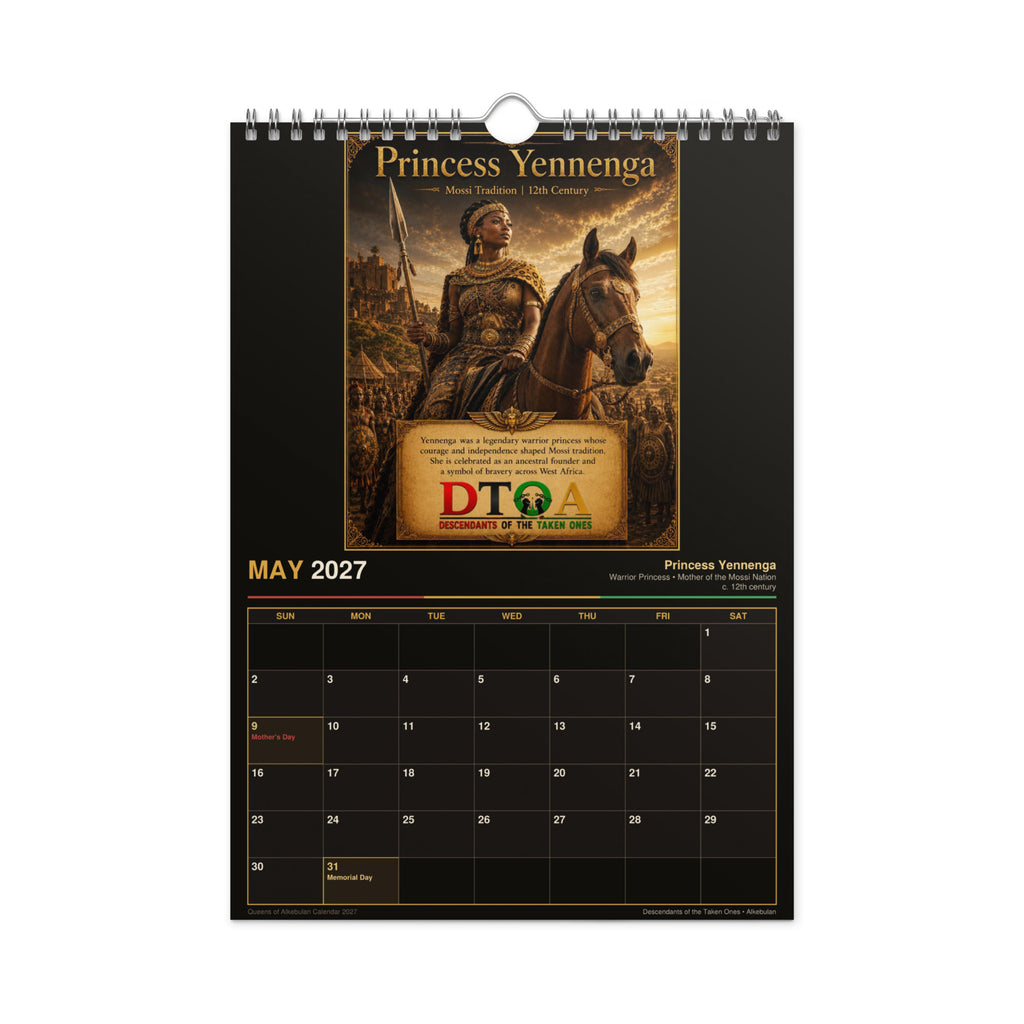 Queens of Alkebulan 2027 wall calendar Black & Gold Edition — month page 9 with African queen artwork in gold