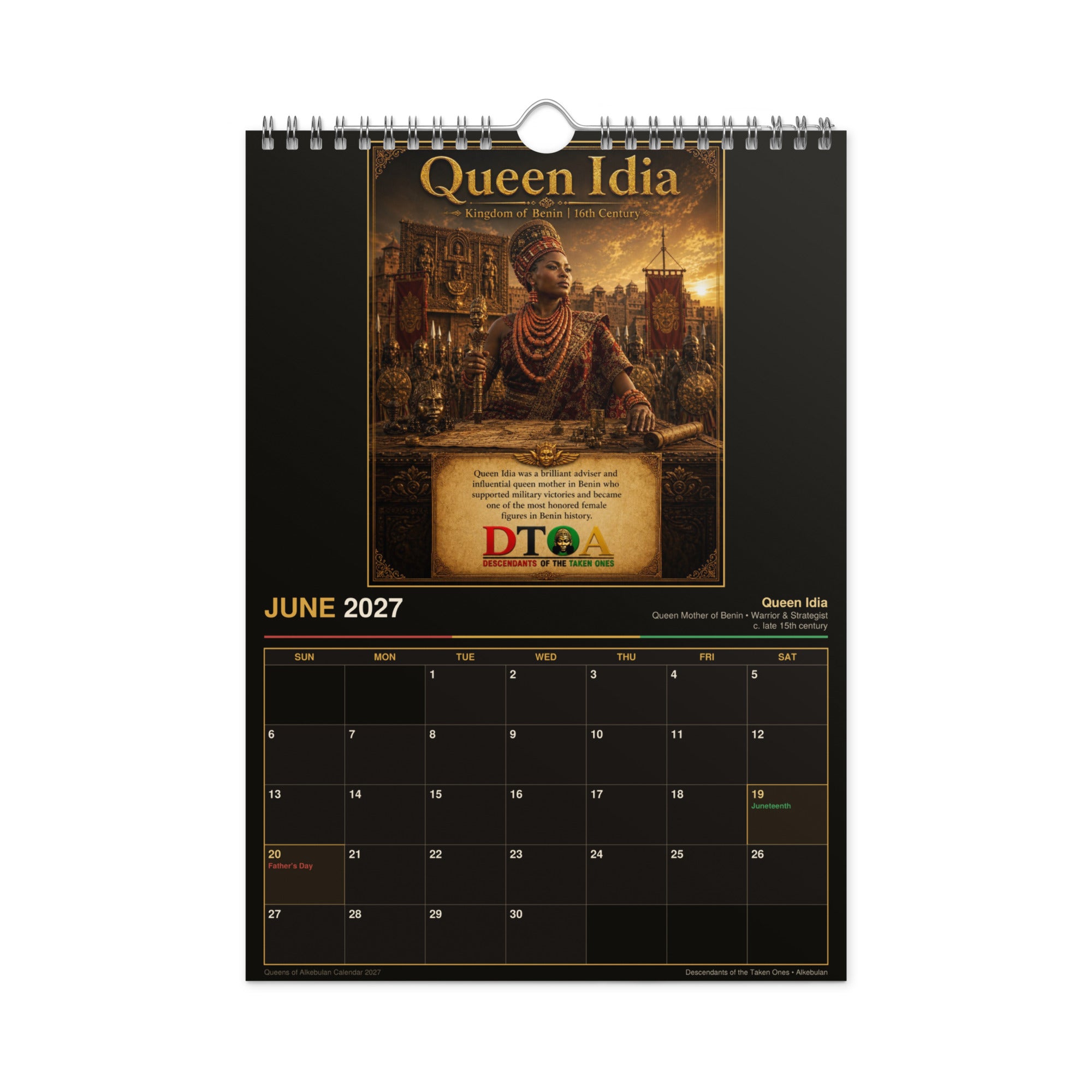 Queens of Alkebulan 2027 wall calendar Black & Gold Edition — month page 7 with African queen artwork in gold