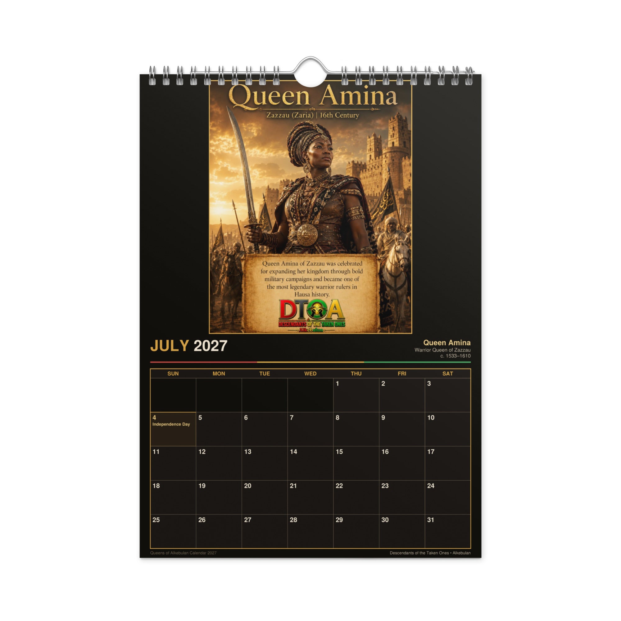 Queens of Alkebulan 2027 wall calendar Black & Gold Edition — month page 6 with African queen artwork in gold
