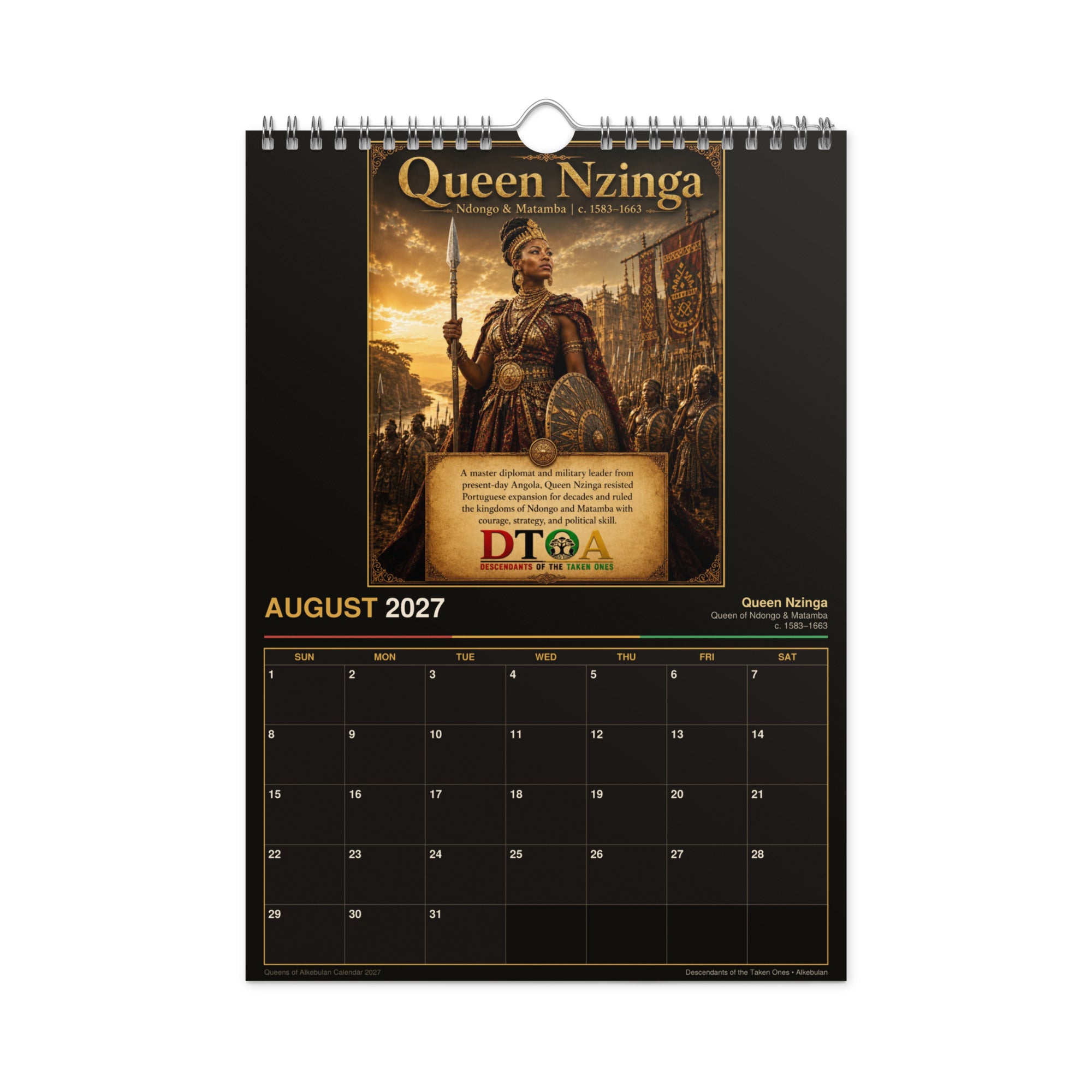 Queens of Alkebulan 2027 wall calendar Black & Gold Edition — month page 2 with African queen artwork in gold