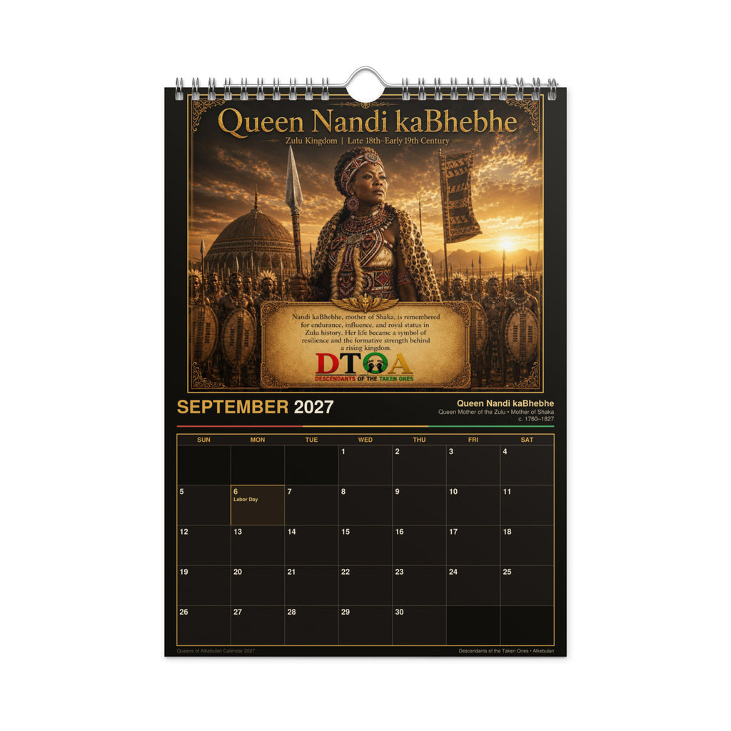 Queens of Alkebulan 2027 wall calendar, Black & Gold Edition — product photo showing the calendar opened to a month page