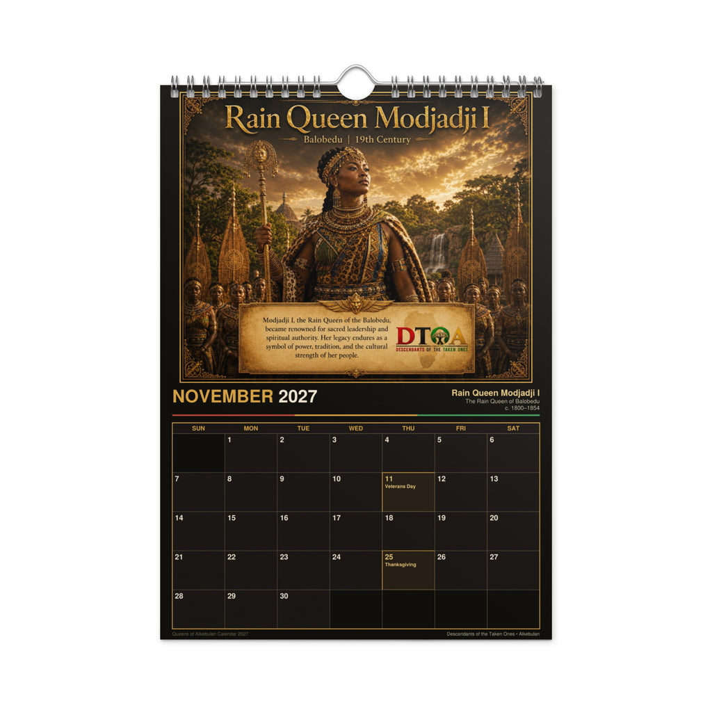 Queens of Alkebulan 2027 wall calendar Black & Gold Edition — month page 10 with African queen artwork in gold
