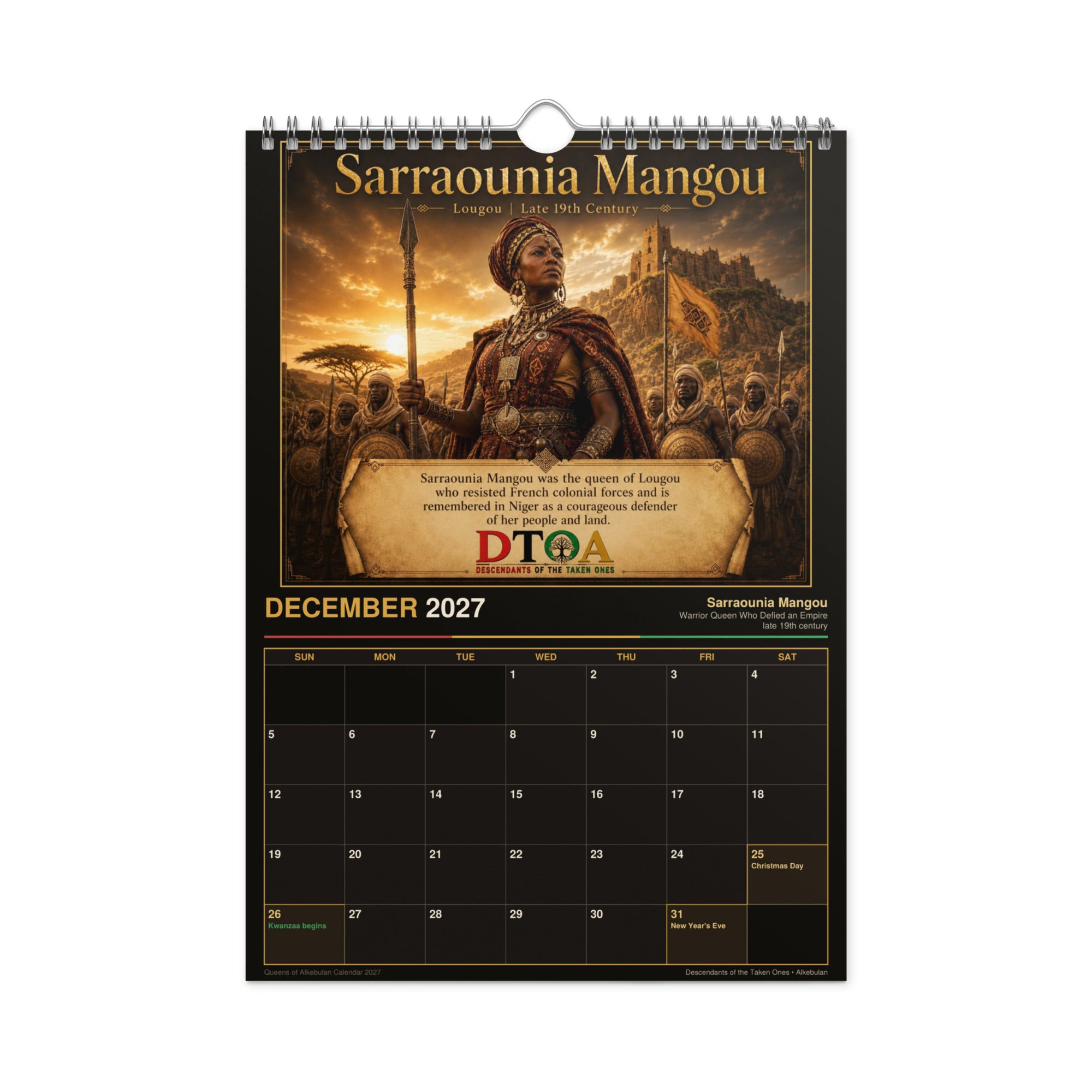 Queens of Alkebulan 2027 wall calendar Black & Gold Edition — month page 4 with African queen artwork in gold