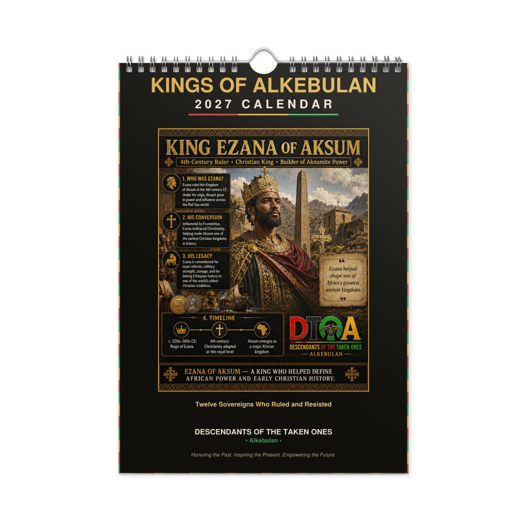 Kings of Alkebulan 2027 wall calendar Black & Gold Edition — month page 3 with African king artwork in gold