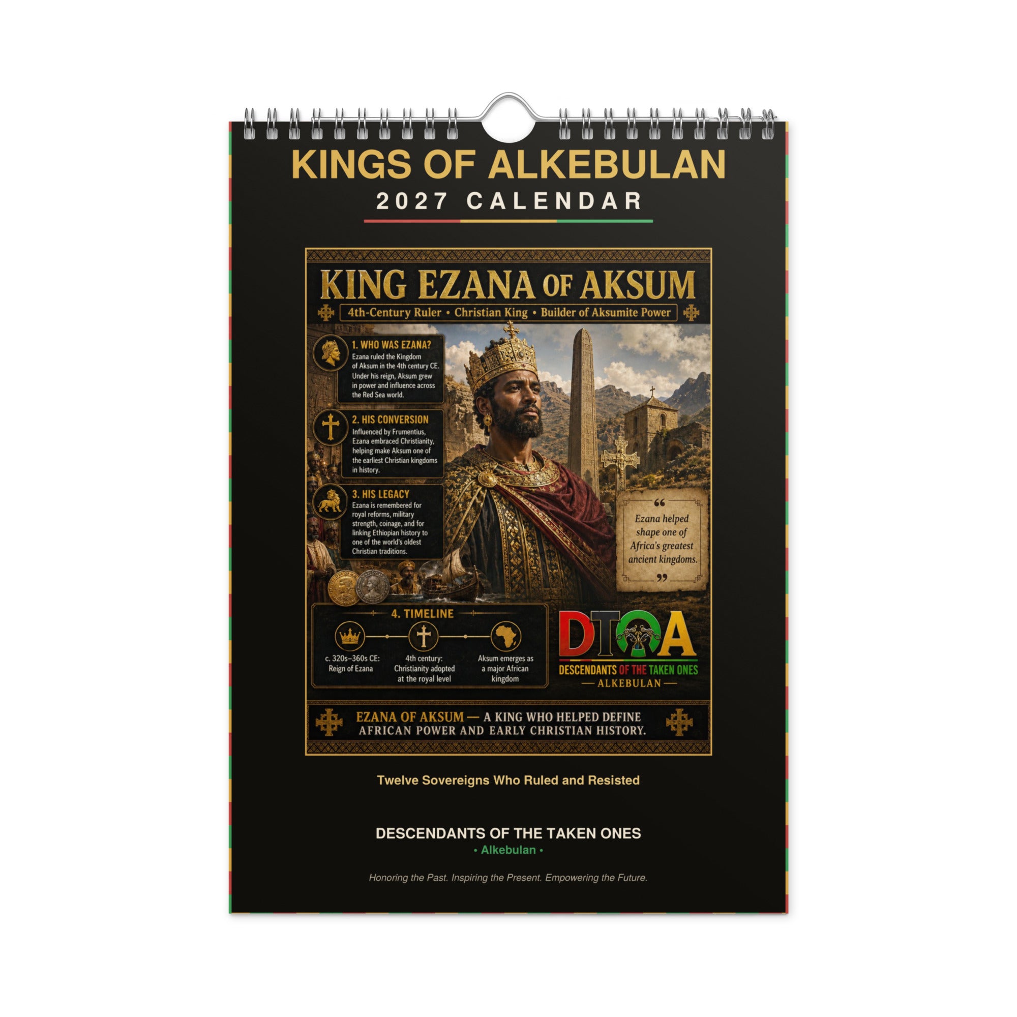 Kings of Alkebulan 2027 wall calendar Black & Gold Edition — month page 3 with African king artwork in gold