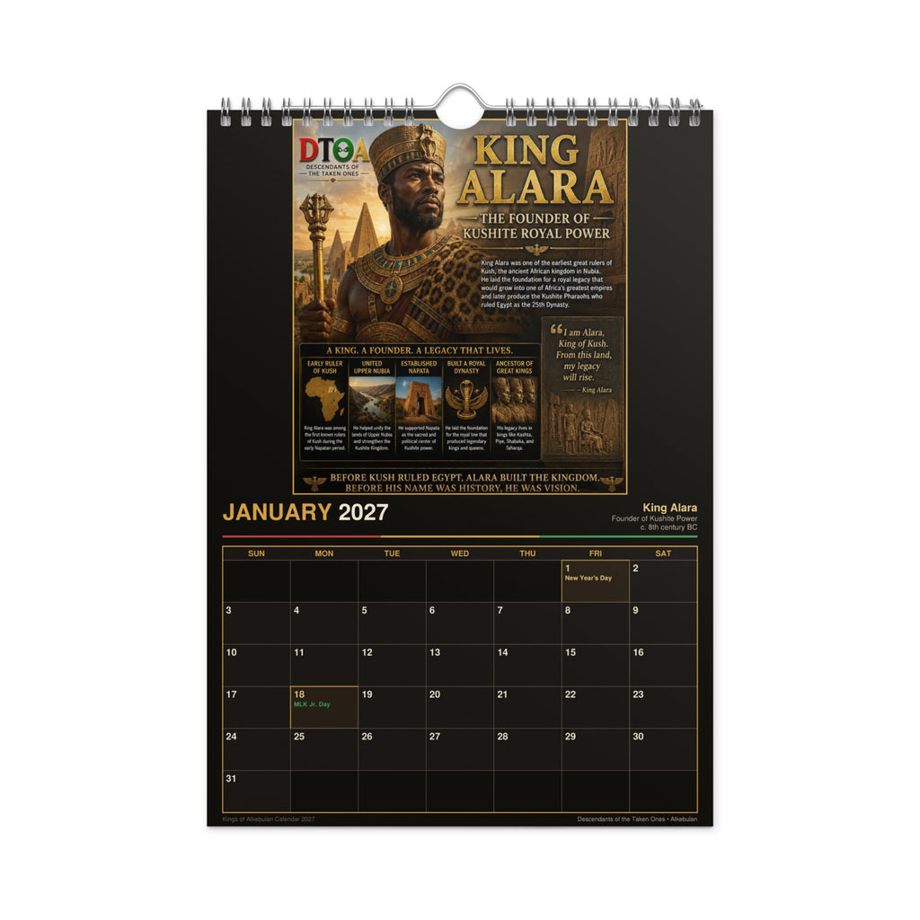 Kings of Alkebulan 2027 wall calendar, Black & Gold Edition — product photo showing the gold print detail