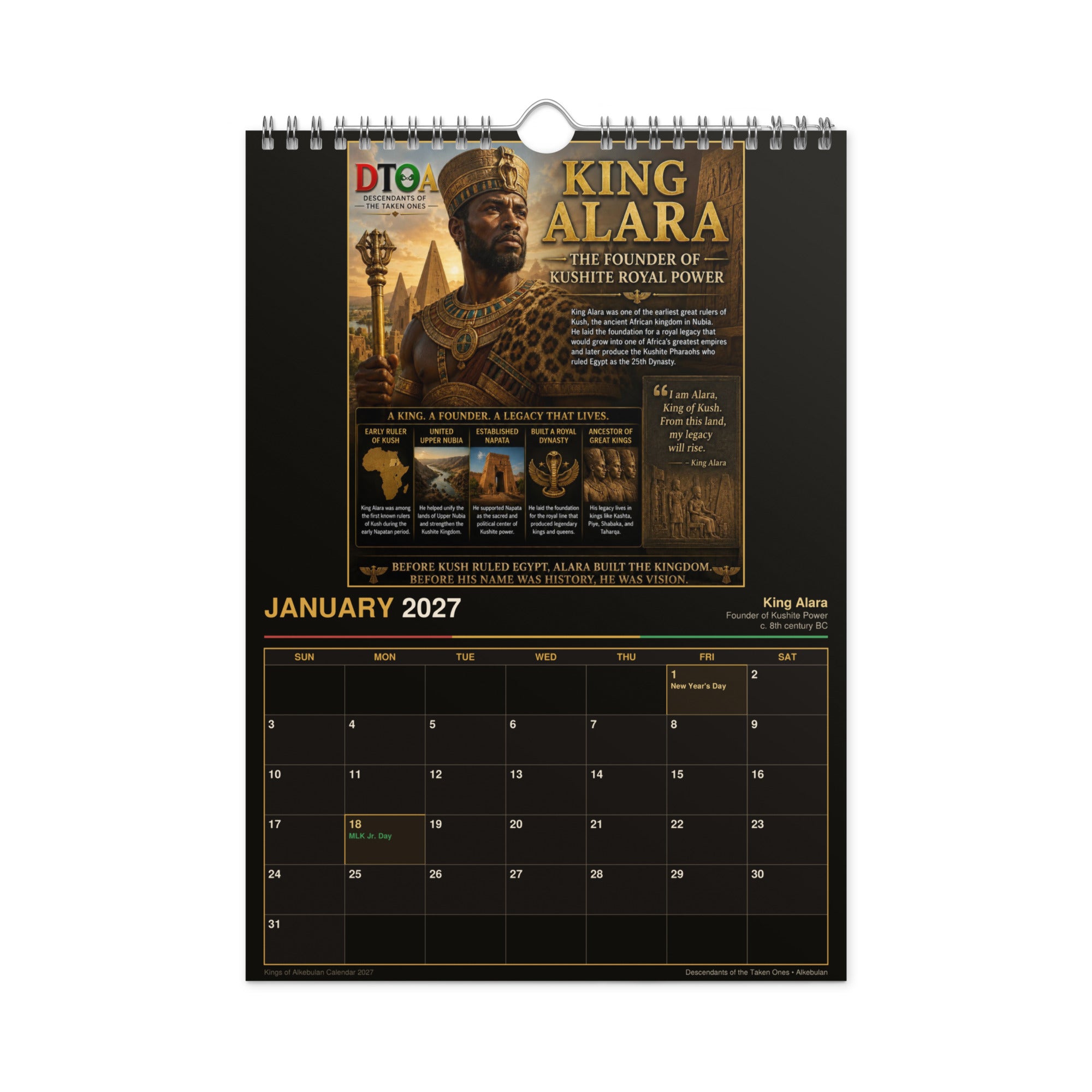 Kings of Alkebulan 2027 wall calendar, Black & Gold Edition — product photo showing the gold print detail