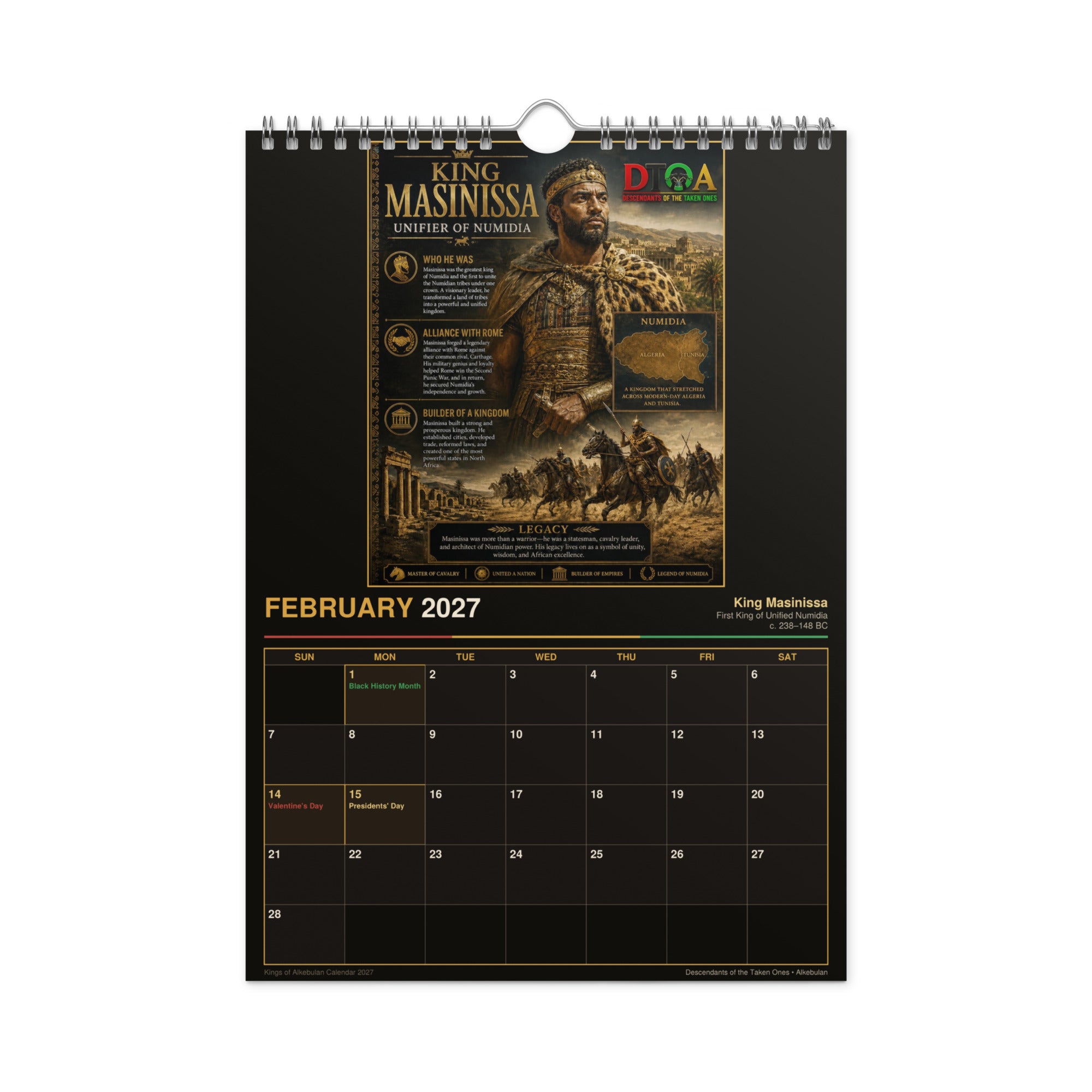 Kings of Alkebulan 2027 wall calendar Black & Gold Edition — month page 5 with African king artwork in gold