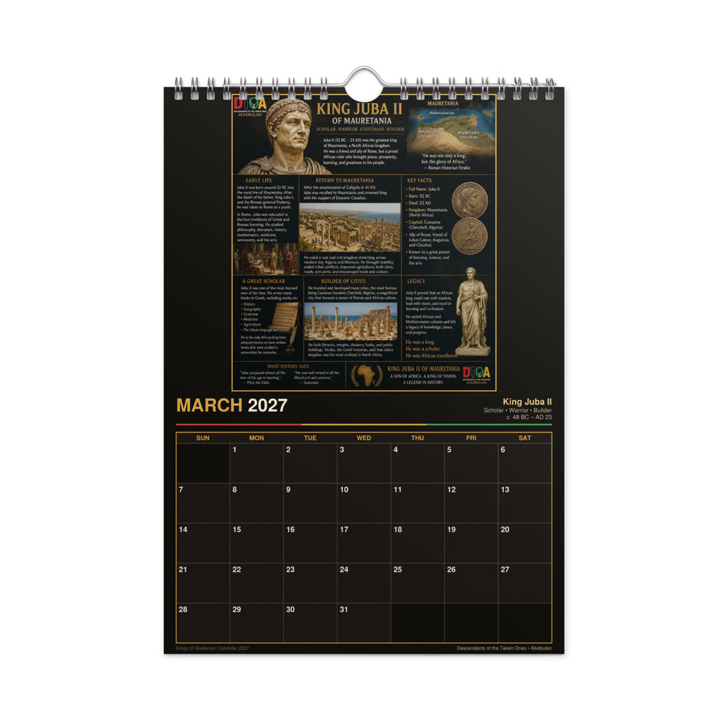 Kings of Alkebulan 2027 wall calendar Black & Gold Edition — month page 8 with African king artwork in gold