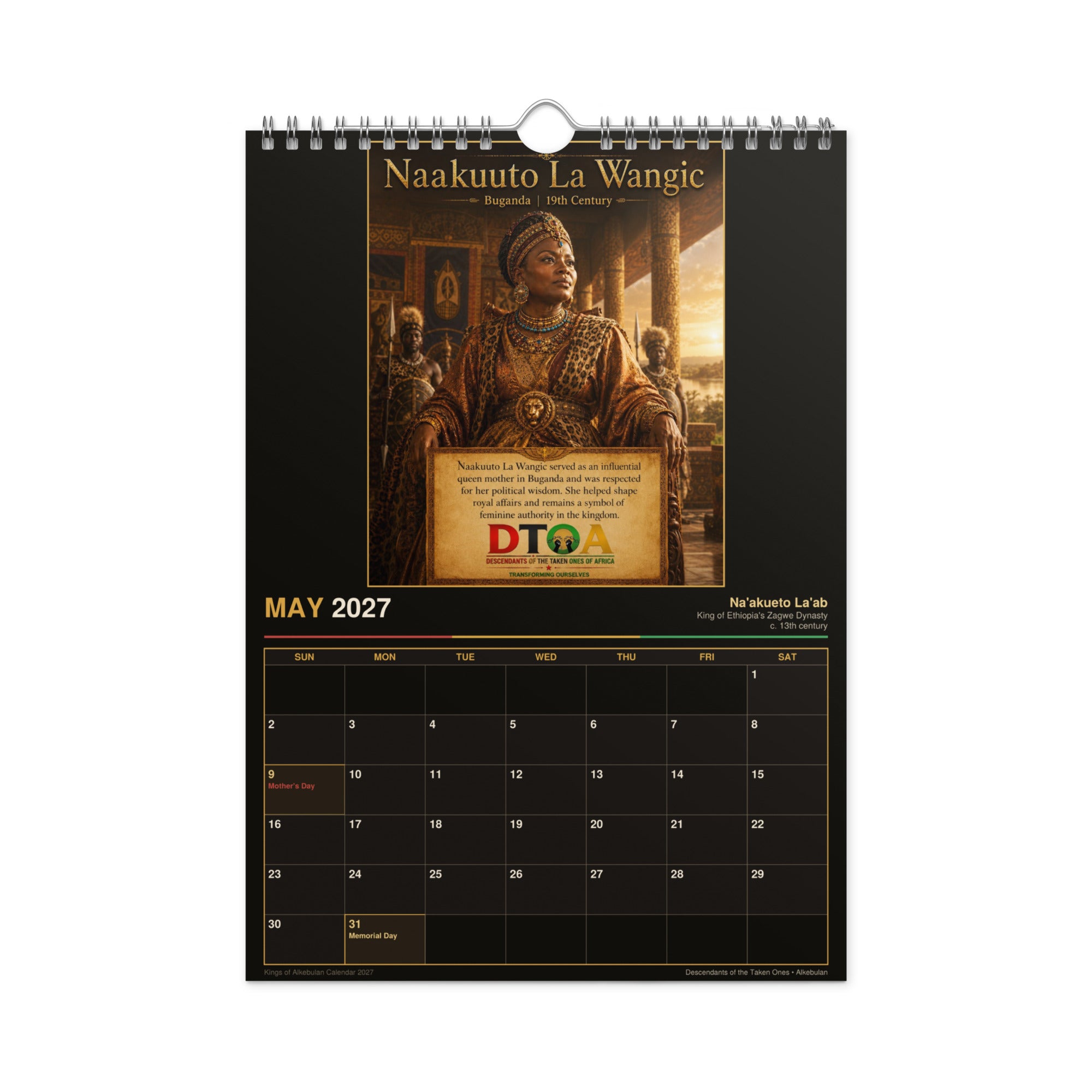 Kings of Alkebulan 2027 wall calendar Black & Gold Edition — month page 9 with African king artwork in gold