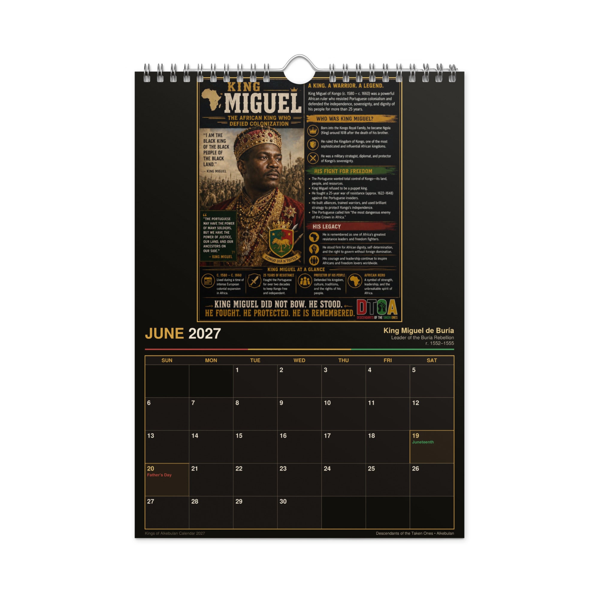 Kings of Alkebulan 2027 wall calendar Black & Gold Edition — month page 7 with African king artwork in gold