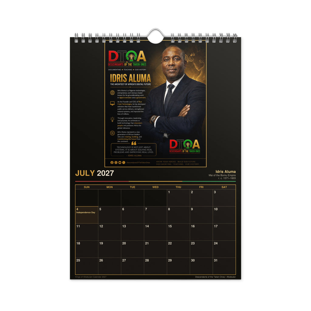 Kings of Alkebulan 2027 wall calendar Black & Gold Edition — month page 6 with African king artwork in gold