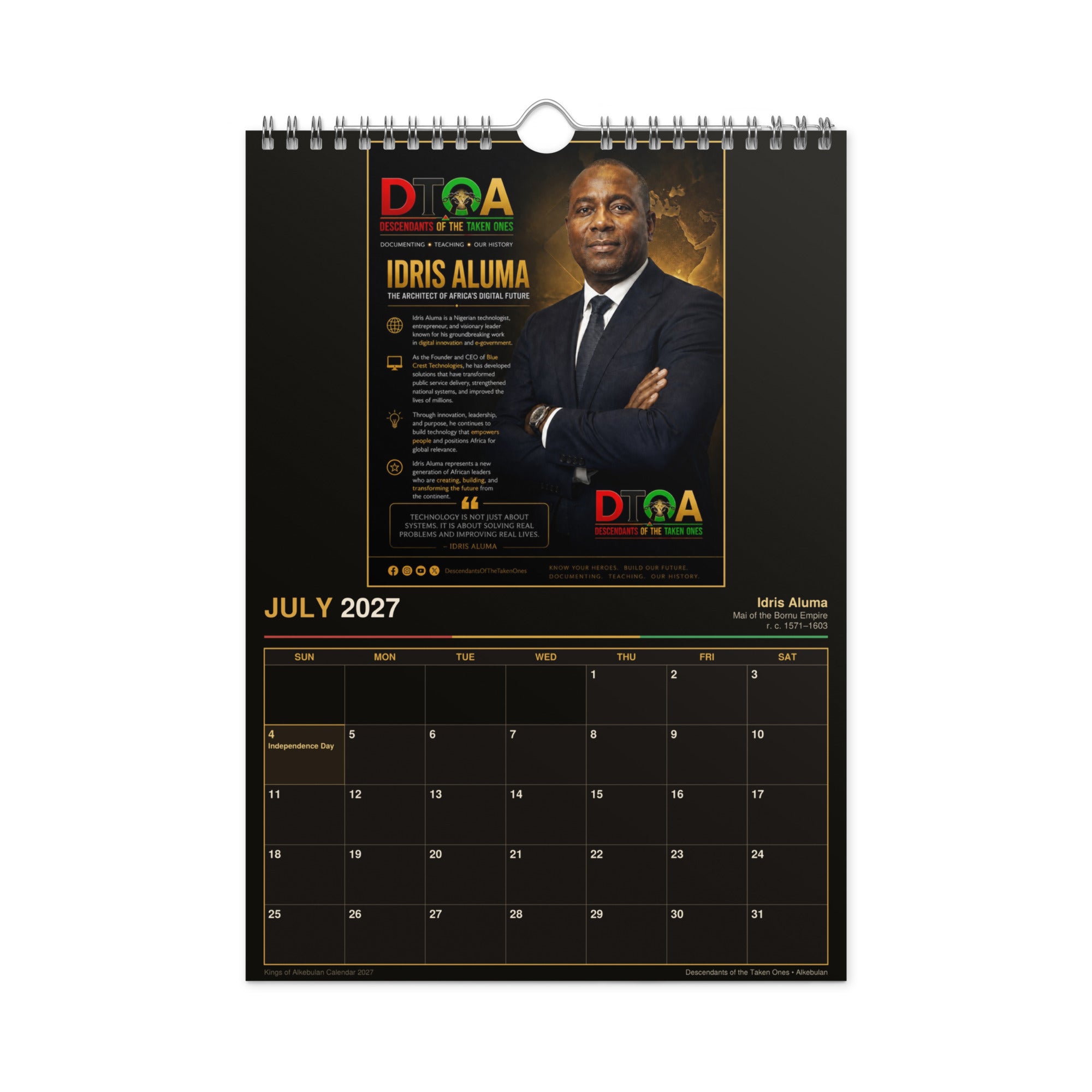 Kings of Alkebulan 2027 wall calendar Black & Gold Edition — month page 6 with African king artwork in gold