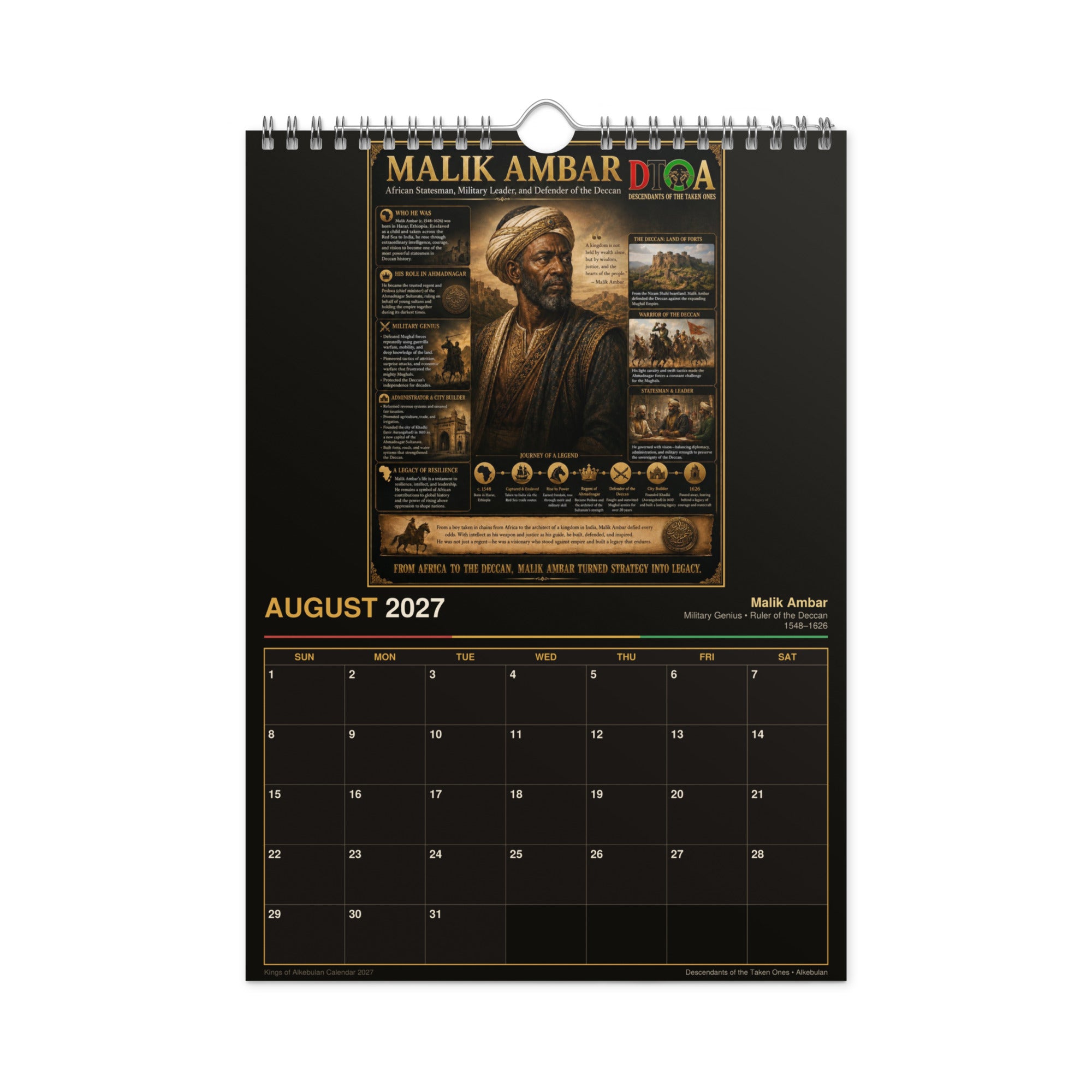 Kings of Alkebulan 2027 wall calendar Black & Gold Edition — month page 2 with African king artwork in gold