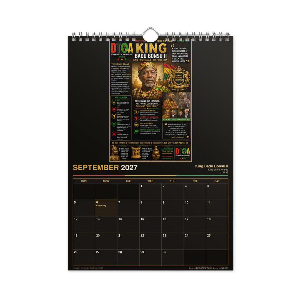 Kings of Alkebulan 2027 wall calendar, Black & Gold Edition — product photo showing the calendar opened to a month page