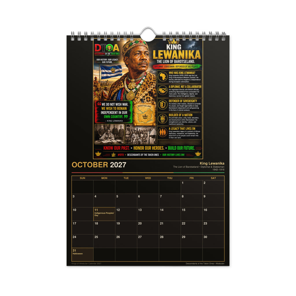 Kings of Alkebulan 2027 wall calendar, Black & Gold Edition — product photo showing the calendar hanging with gold-framed African king portraits