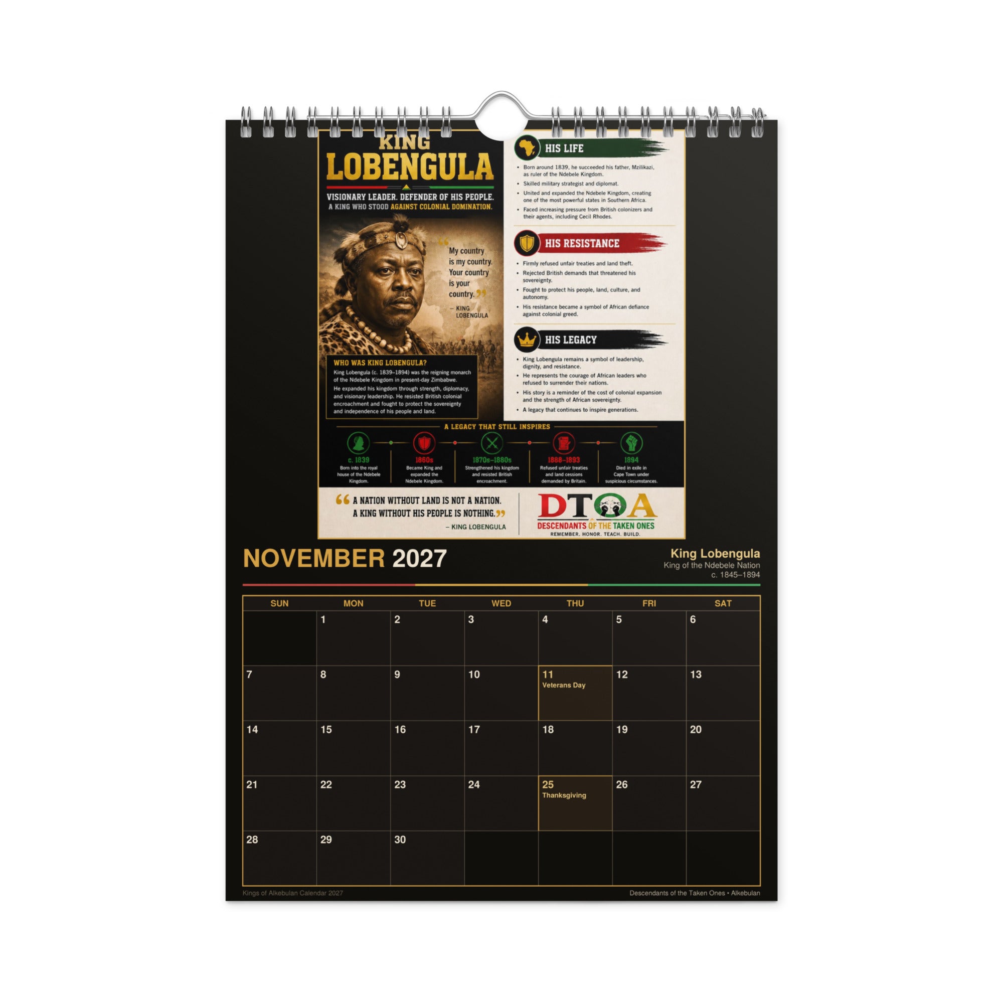 Kings of Alkebulan 2027 wall calendar Black & Gold Edition — month page 10 with African king artwork in gold