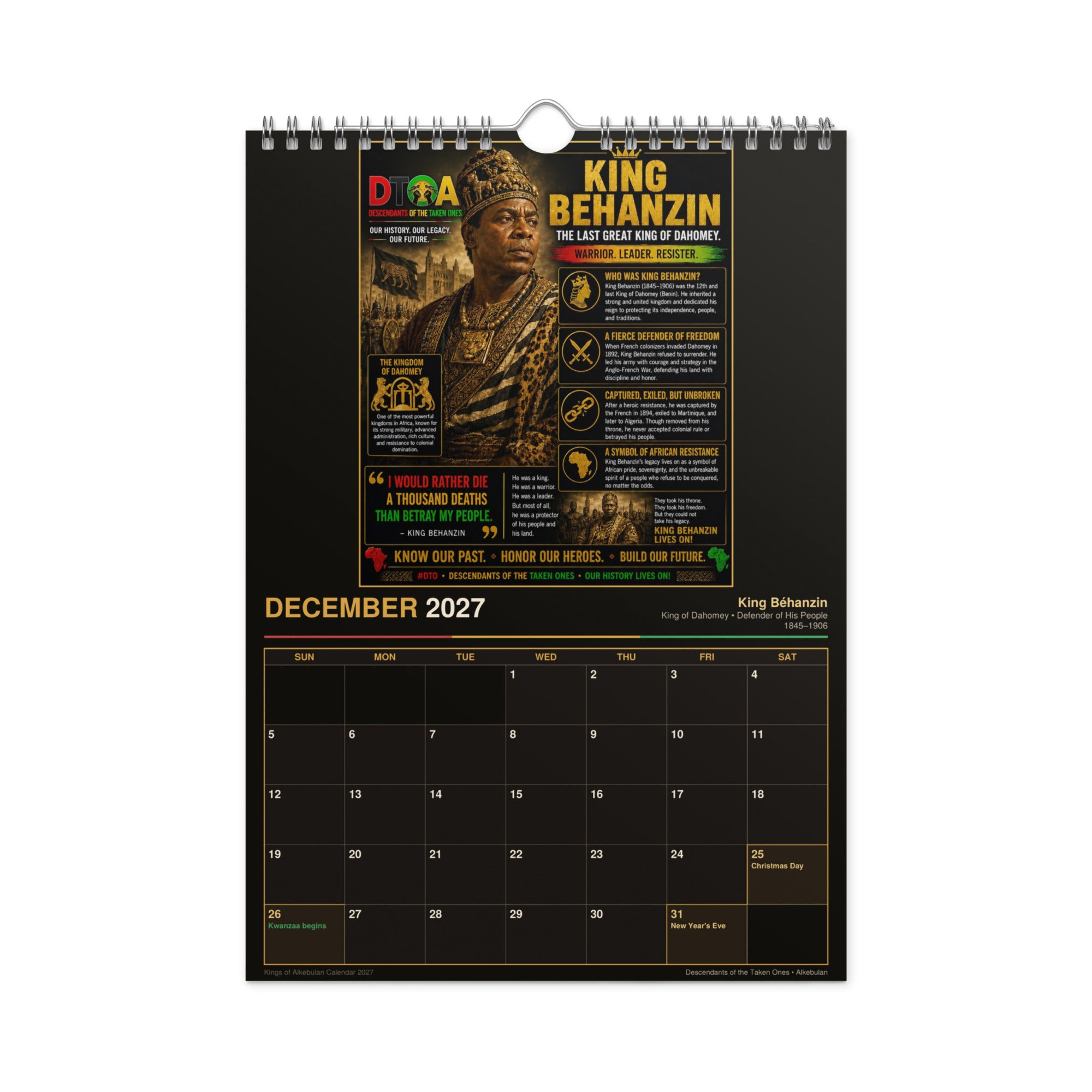 Kings of Alkebulan 2027 wall calendar Black & Gold Edition — month page 4 with African king artwork in gold