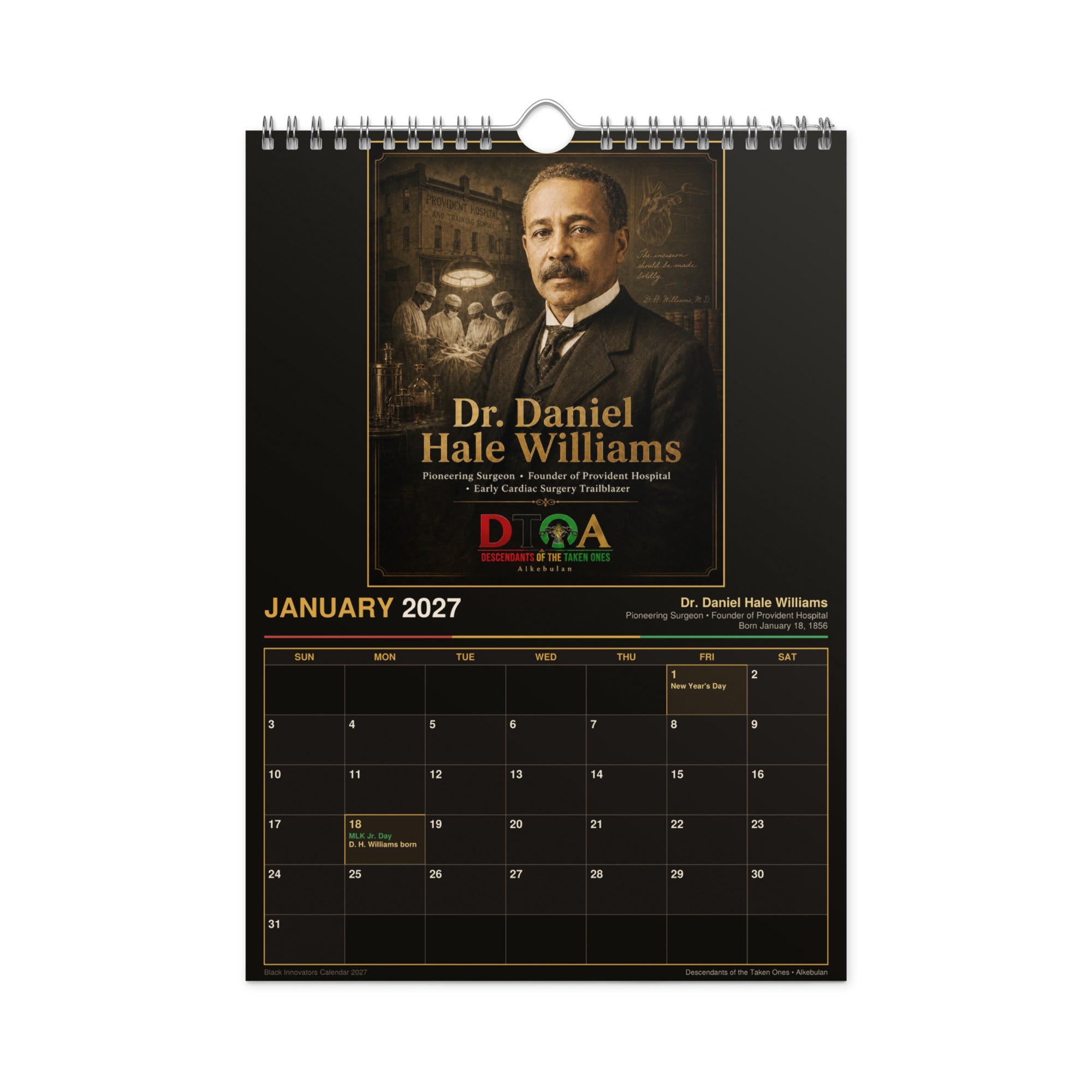 Black Innovators 2027 wall calendar — product photo showing the calendar's print detail