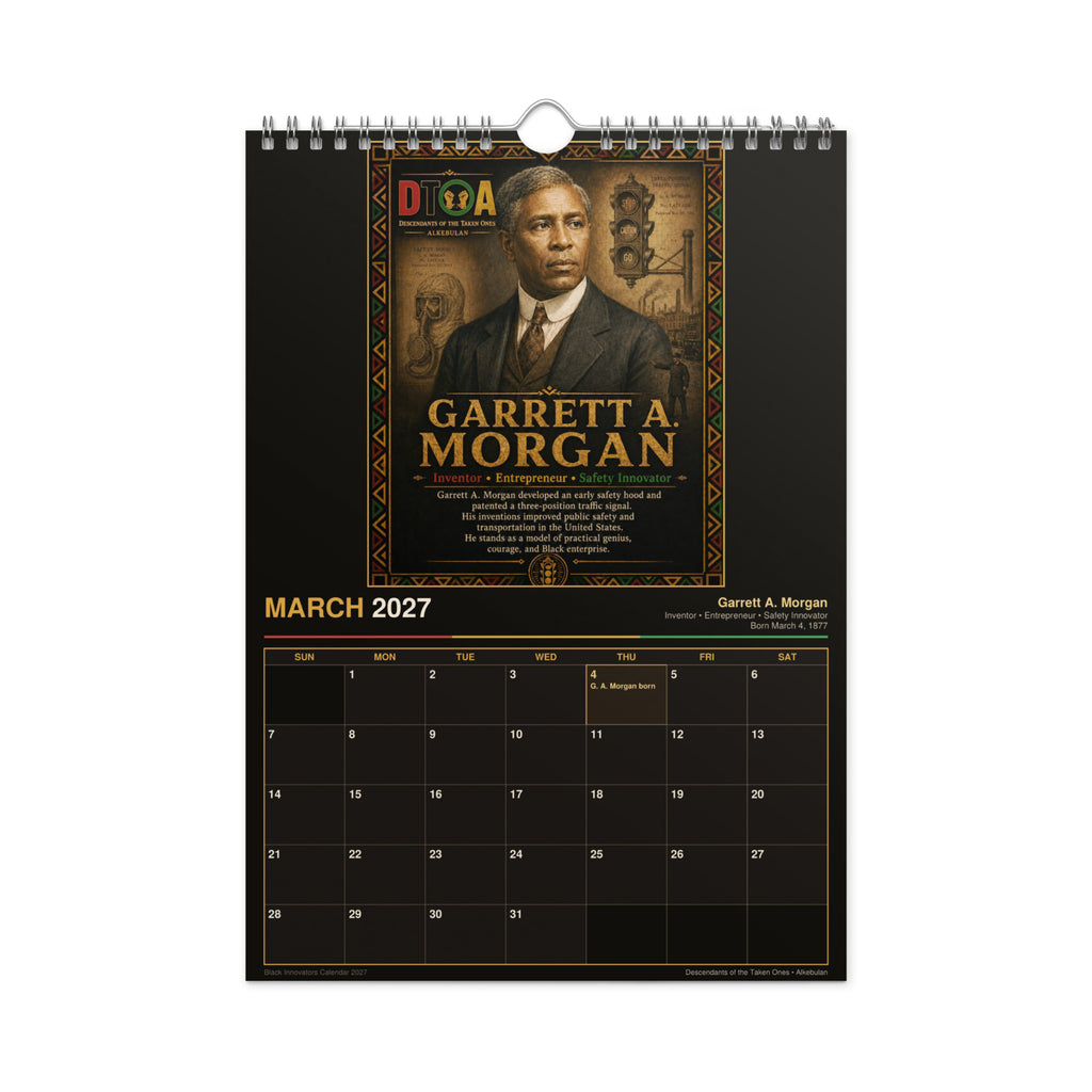 Black Innovators 2027 wall calendar — month page 8 featuring Black inventor portrait artwork